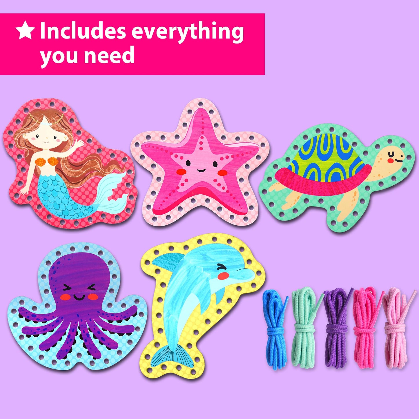 KRAFUN My First Lacing Cards Kit for Toddlers & Girls Age 3+, 5 Mermaid Ocean Arts & Crafts Projects, Fine Motor Skills Toys, Beginner Activity Set with Mermaid Octopus Seahorse Fish Starfish
