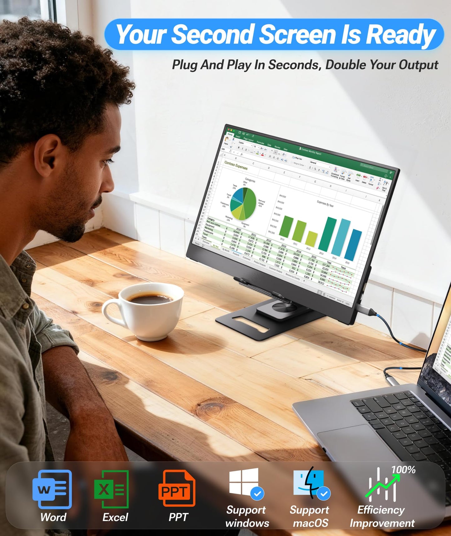 Ingnok Portable Monitor, Ultra Slim 15.6 Inch FHD IPS Laptop Screen Extender with Adjustable Stand, USB C Compatible, Ideal for Travel and Office