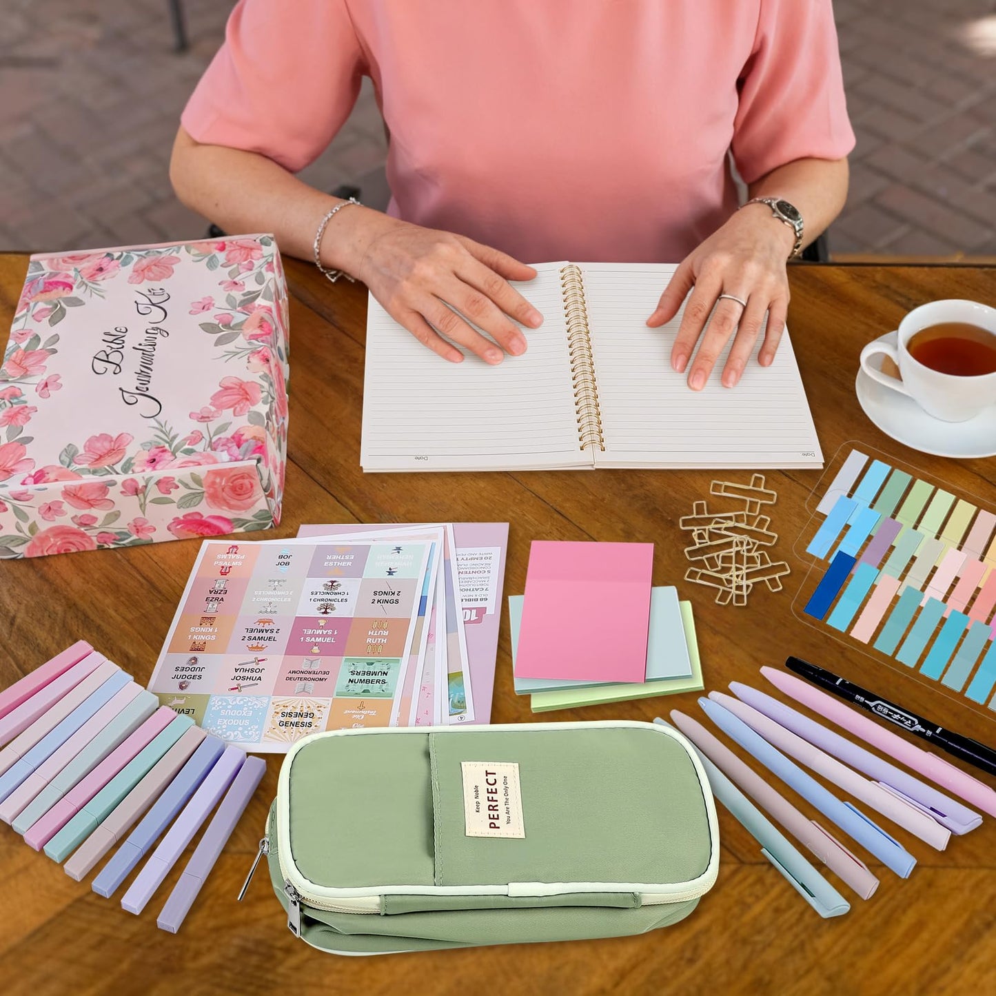 Bible Journaling Kit for Women, Bible Study Supplies Set with No Bleed Highlighters, Pens, Tabs, Notebook, Pencil Case, Christian Gifts for Women, Beginners, Students, Bible Study kit (Green)