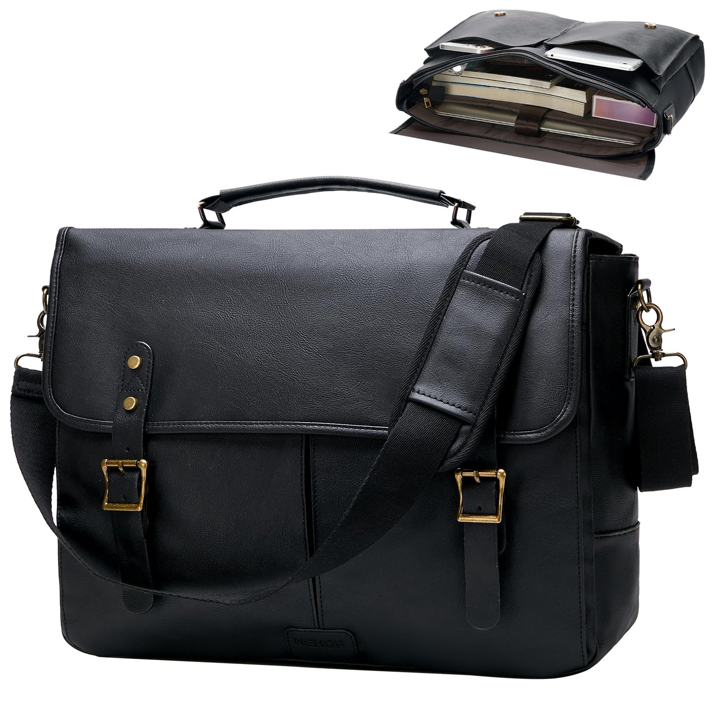 Leather Messenger Bag for Men, 15.6in Laptop Briefcase Vintage Waterproof Laptop Bag Shoulder Bags Satchel Office Bag(Black)
