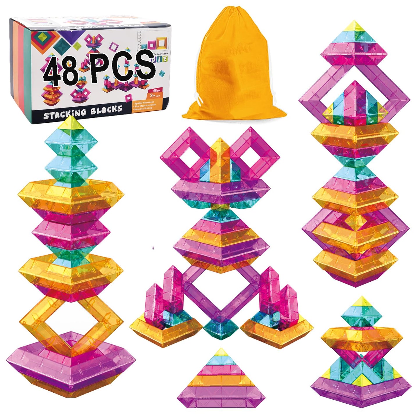 WSKC Building Blocks 48 PCS Stacking Toys for Kids 3 4 5 6 Years Old, Preschool Learning Activities for Toddlers 3-4 Years, STEM Educational Learning Toys Gifts for Boys Girls
