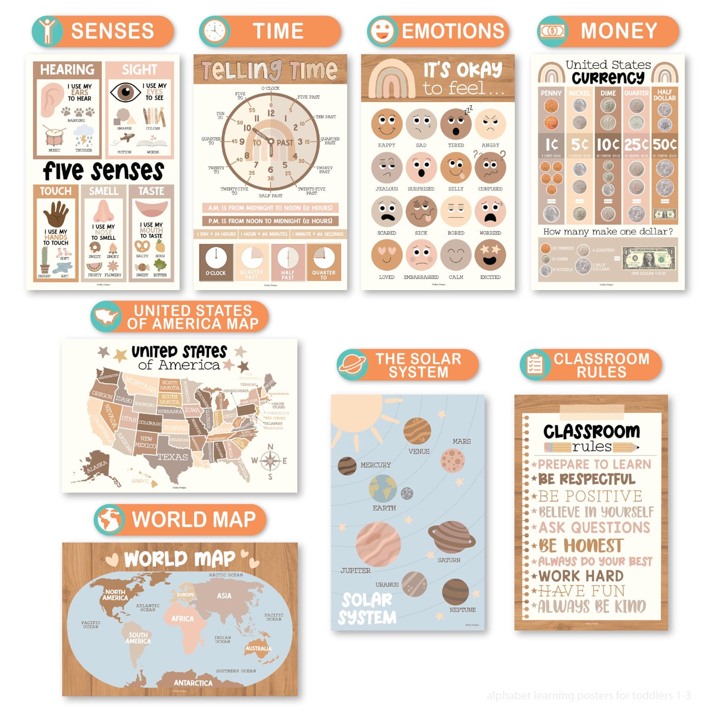 Hadley Designs 16 Educational Posters for Classroom Decor - Boho Educational Posters for Toddlers 1-3, Toddler Learning Posters for Kids Ages 3-5, Kindergarten & Preschool Classroom Must Haves