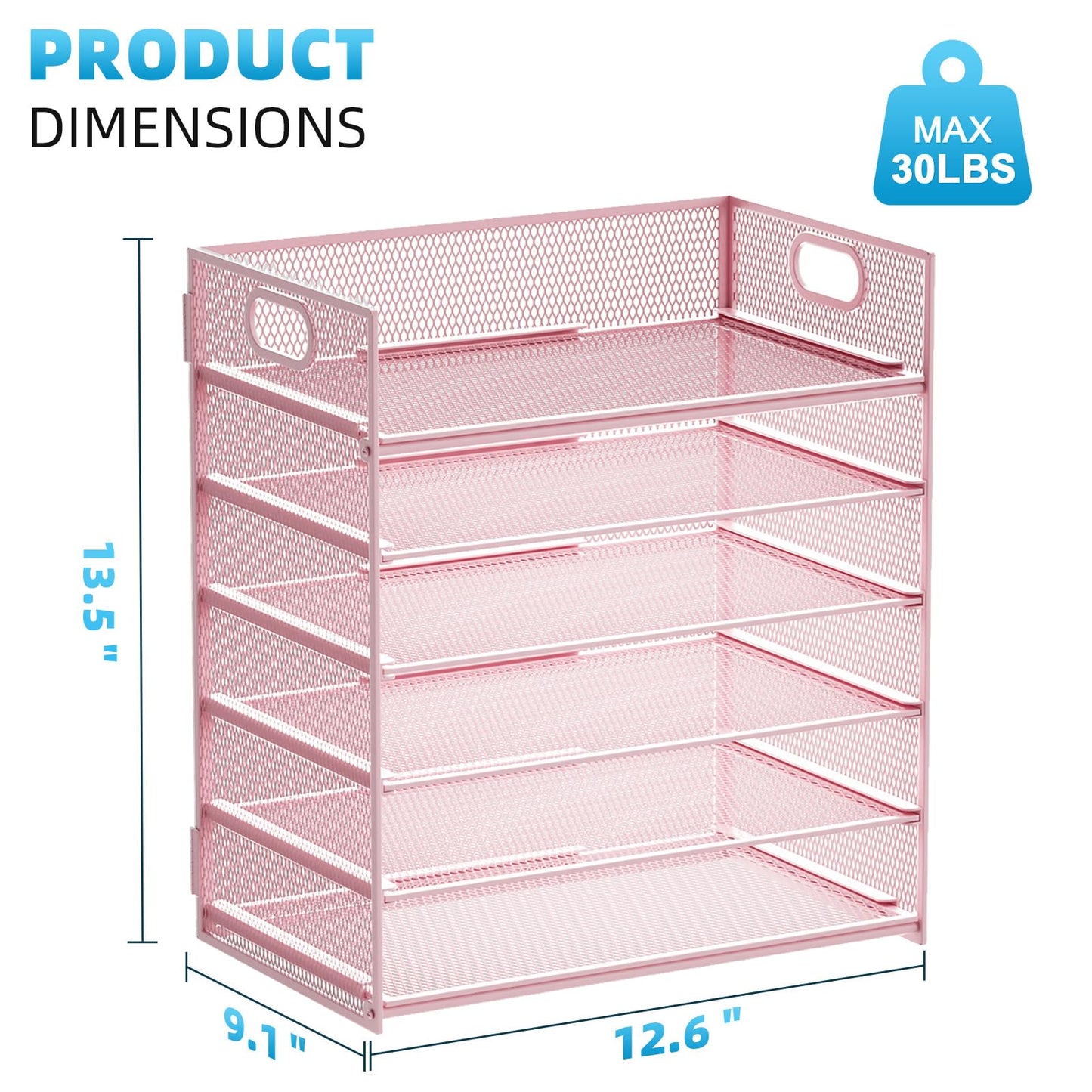 Marbrasse 6 Tier Paper Organizer Letter Tray - Mesh Desk File Organizer with Handle, Paper Sorter for Letter/A4 Office File Folder Holder -Pink