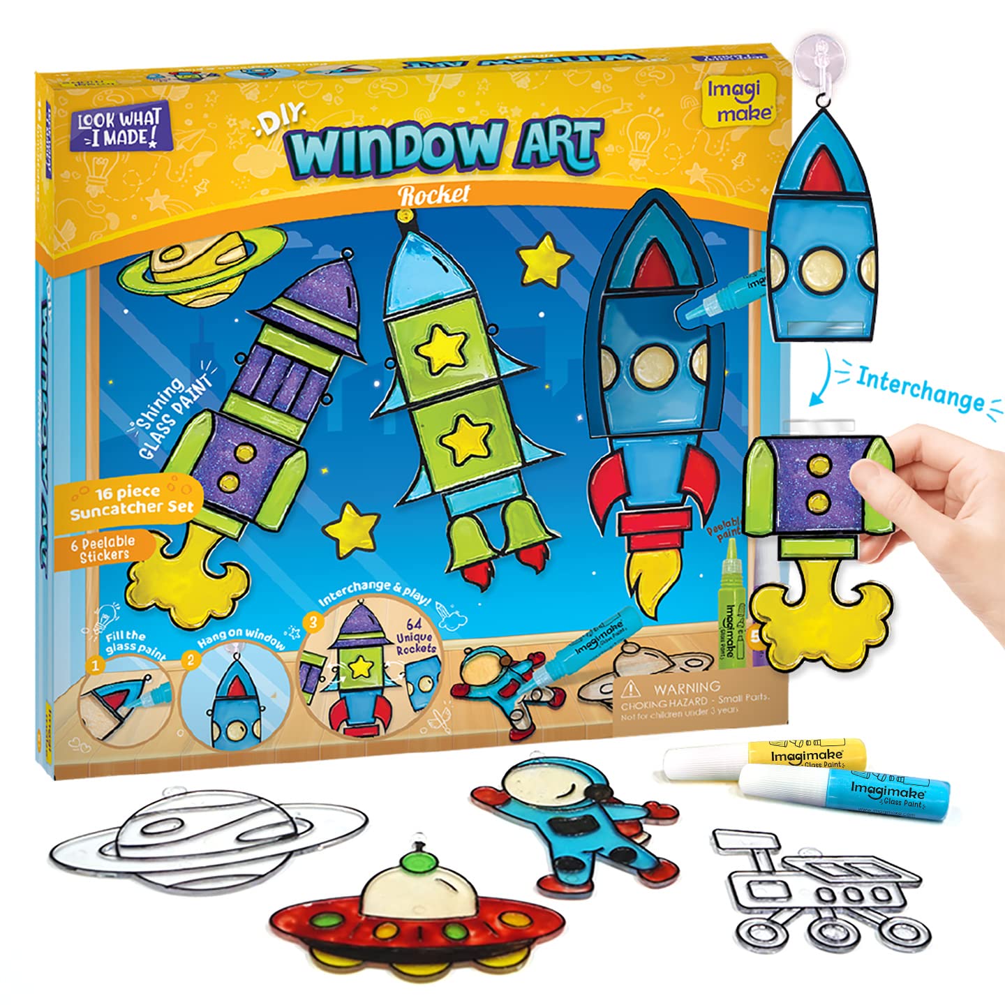 Imagimake Window Art Rocket | Low Mess Suncatcher Kit | 16 Pieces Glass Painting Set | Kids Activities Ages 5-8 | DIY Craft Kit | Birthday Gift for Boys & Girls Ages 5,6,7,8,9,10,12 Years Old
