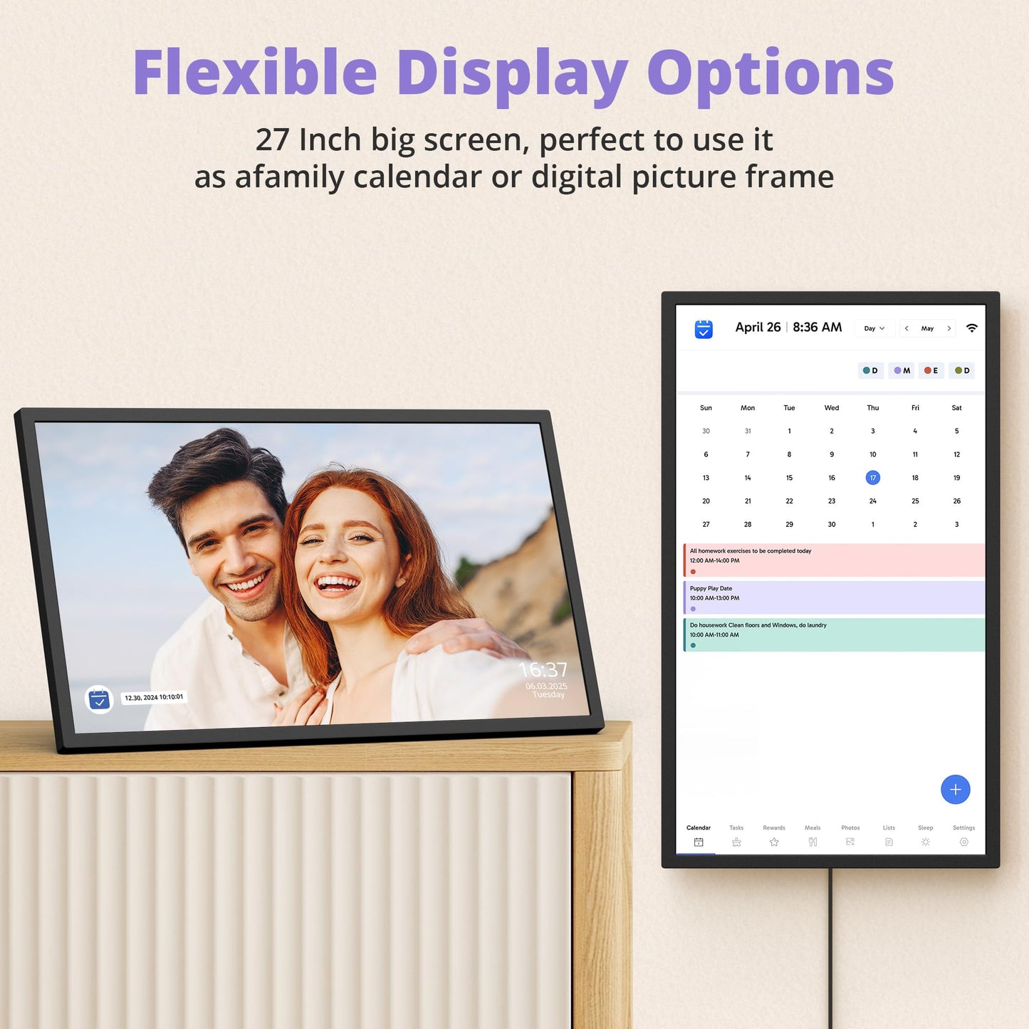 Digital Calendar 27 Inch Touch Screen, Electronic Wall Calendar Chore Chart for Family Monthly/Weekly Planner Rewards Organization, Interactive Large Display Smart Calendar, Desk Mount Included