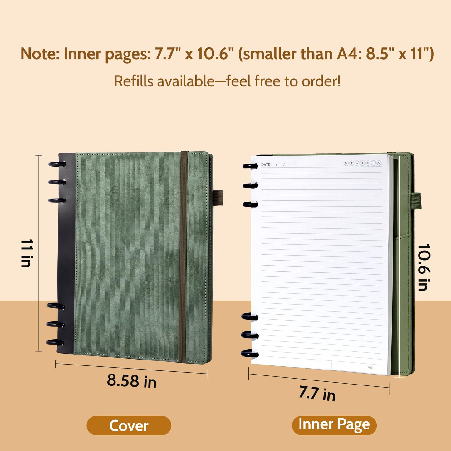 Yoment Refillable Notebooks for Work 5 Subject with Removable Dividers Tabs 240 Pages Hardcover Leather Journals for Writing Large Discbound Planner Colleged Ruled Paper for Women Men 8.58 x 11,Green