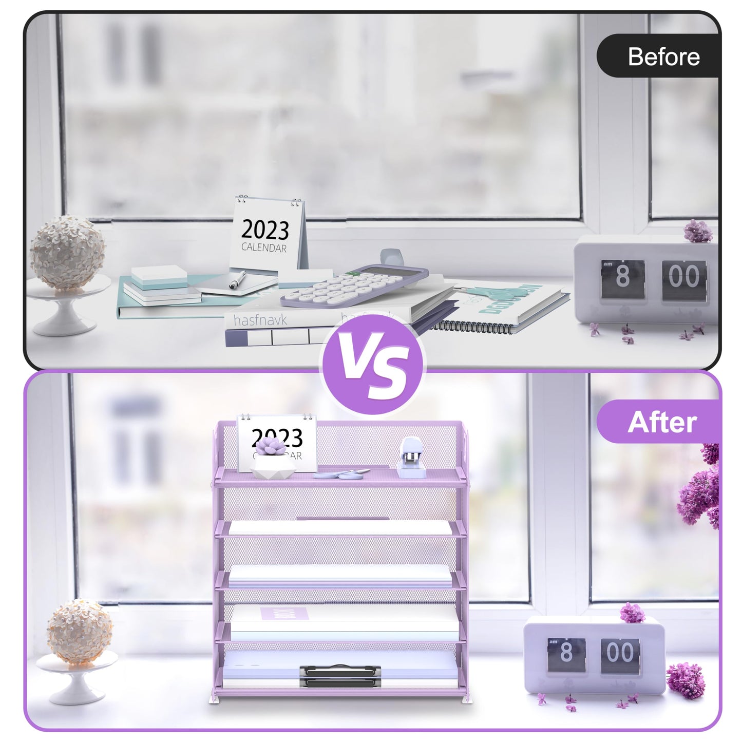 Supeasy 5 Trays Paper Organizer Letter Tray with Handle-Mesh Desk File Holders, Paper Sorter Desk Organizer for Office, Home, Classeoom or School, Purple