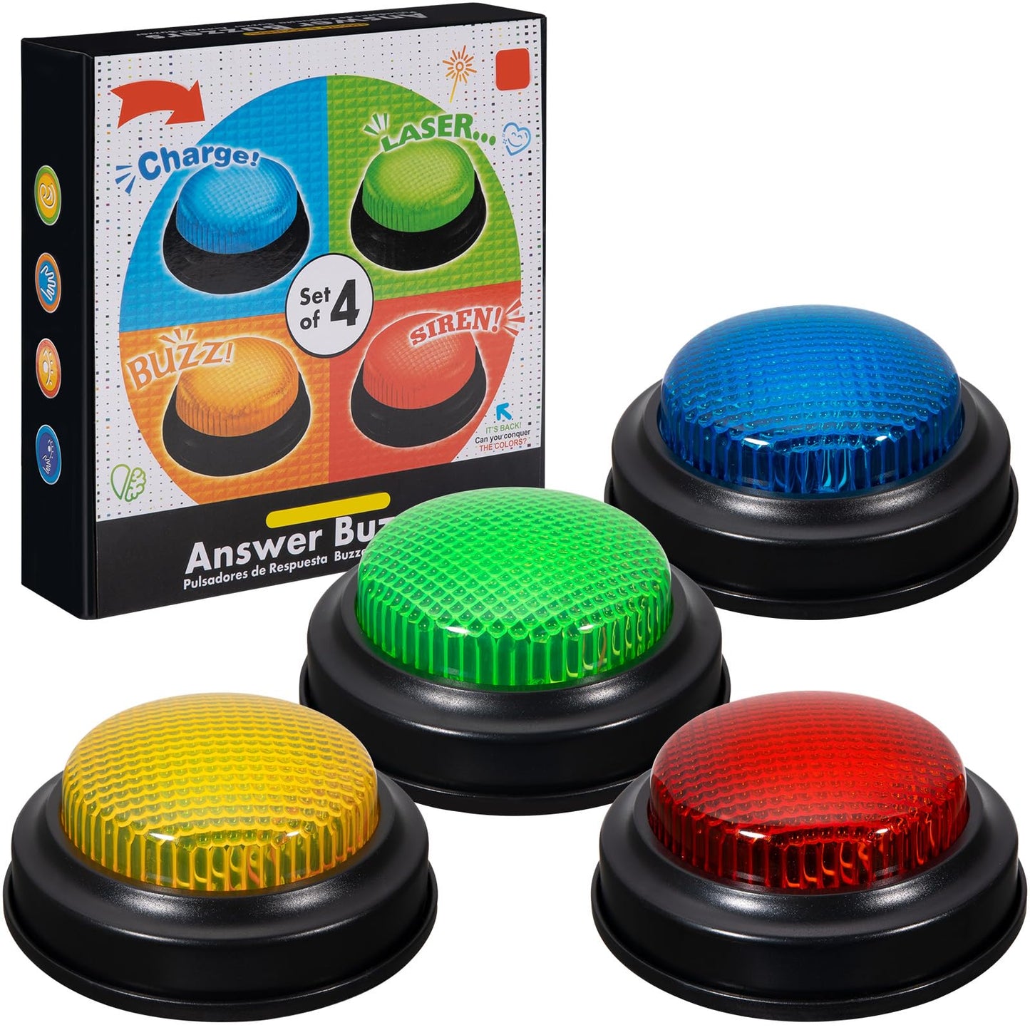 YTZRLO Set of 4 Trivia Game Buzzers with Lights & Sound, Family Feud & Jeopardy Quiz Buttons for Classroom, Party Games, Red/Blue/Yellow/Green