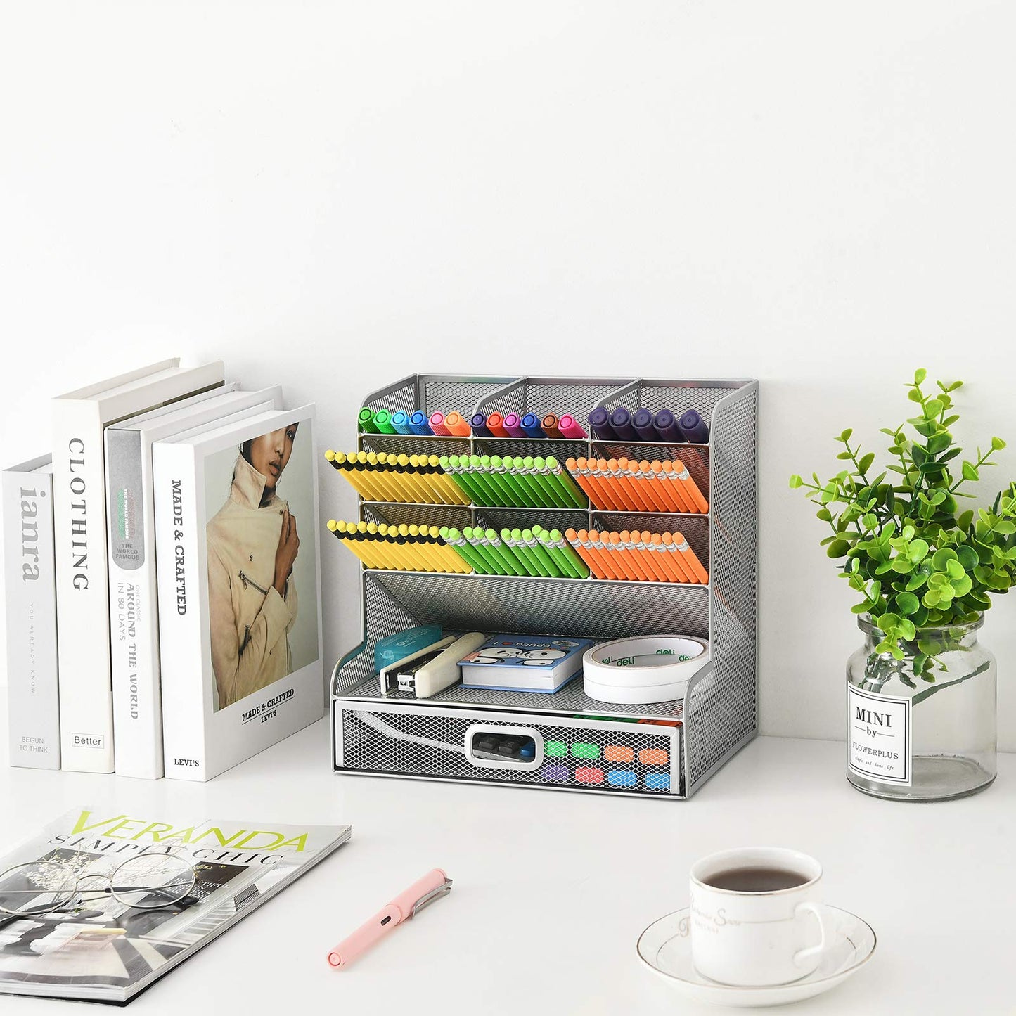Marbrasse Larger Mesh Desk Organizer with Drawer, Multi-Functional Pen Pencil Holder, Desk Organizers and Accessories for Office Art Supplies (Silver Mesh Pen Holder with Drawer)