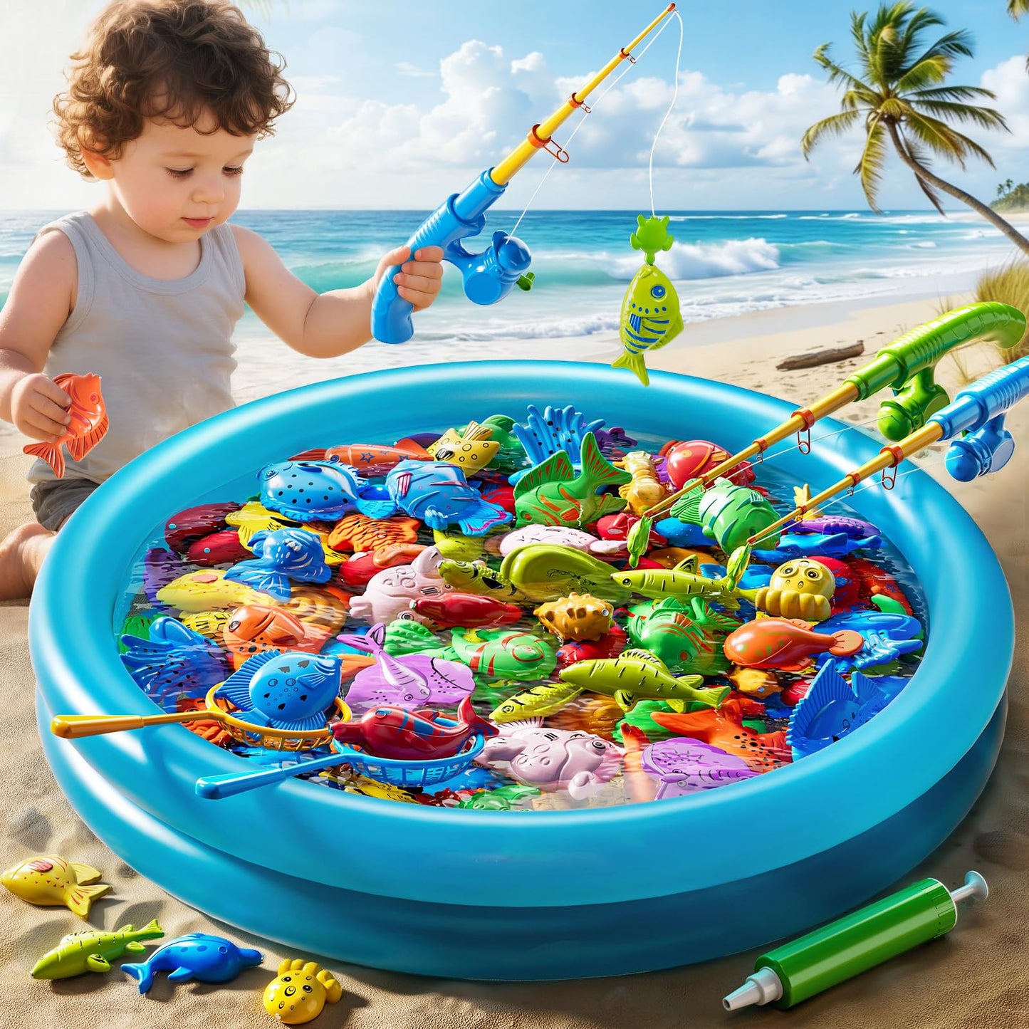 PEADUCK Magnetic Fishing Game Pool Toys for Toddlers 3-5, Water Table Bathtub Toys with Inflatable Pool Pole Rod Net Plastic Floating Fish, Outdoor Toys for Kids Boys Girls Age 3 4 5 6 7 8 Year Old