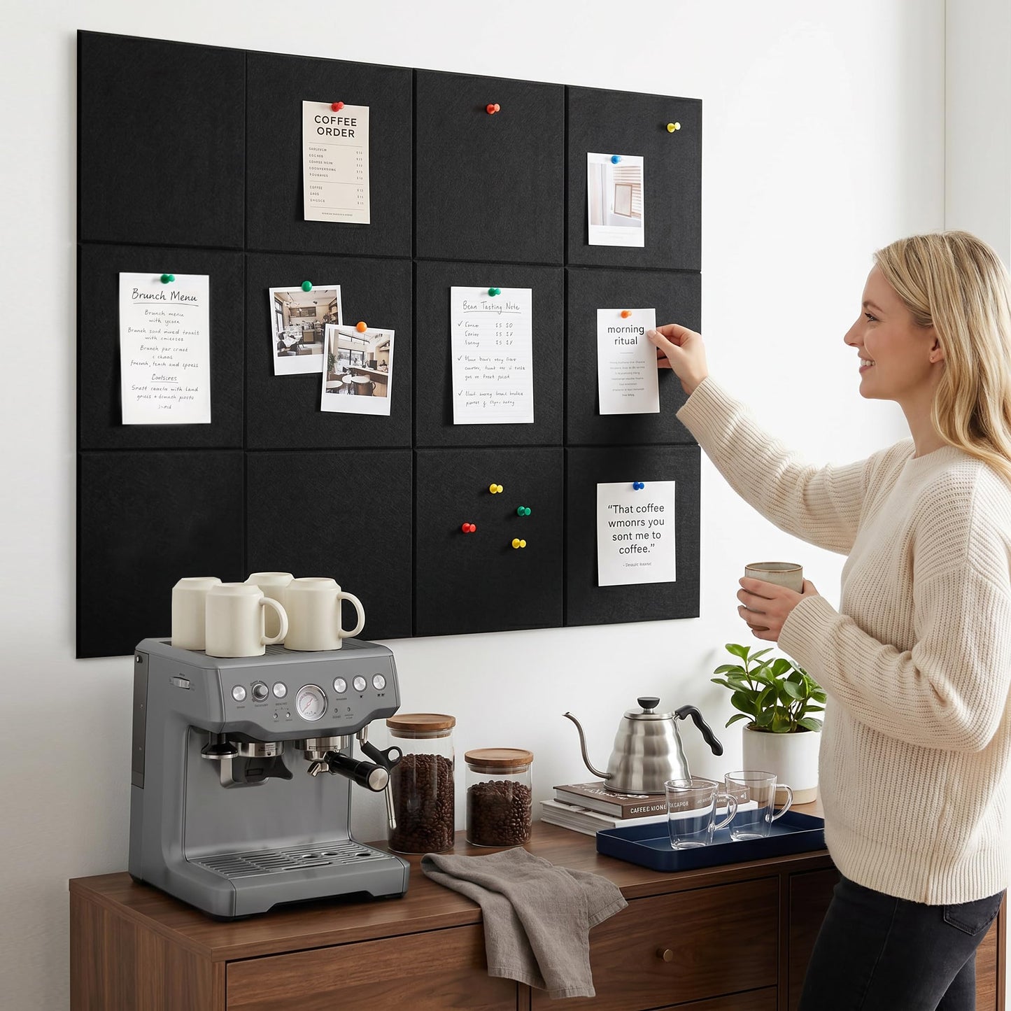 MISSDAY Black Acoustic Wall Panel Felt Bulletin Board 48" x 36" Cork Board for Wall, 12-Pack Boards with 72 Removable Adhesive Tabs, 50 Pins, Pin Board for Home Office Classroom Soundproof Wall Tile