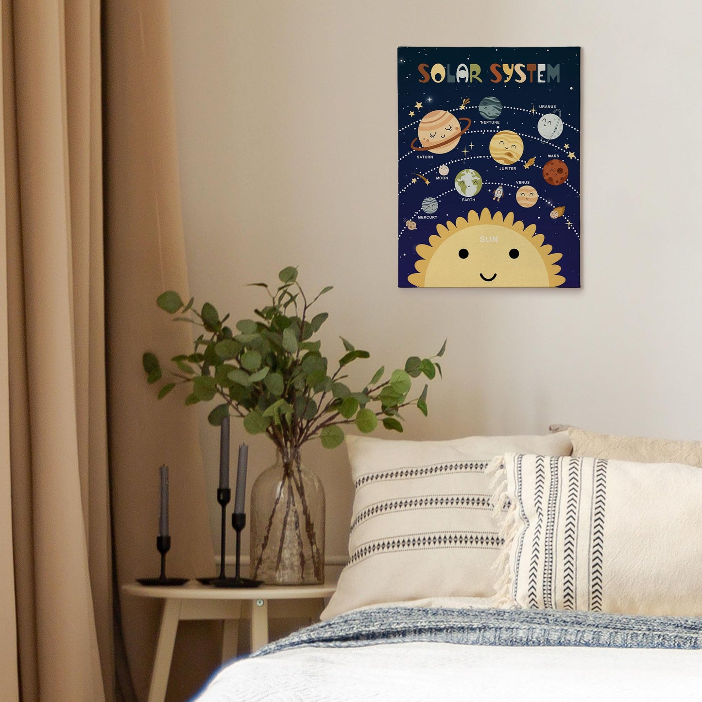 XINCEYWJ Solar Space Room Wall Decor, Solar System Astronauts Rocket Canvas Art Prints Framed, Space Room Decor, Retro Trendy Nursery Wall Art for Kids Girly Boys Toddler Room Classroom, 11x14 In