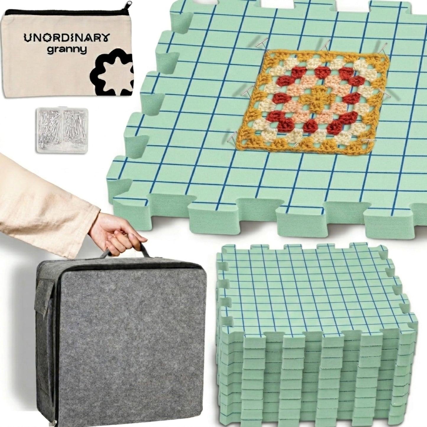 Unordinary Granny Crochet Blocking Board Set – 9 Extra Thick Interlocking Mats with Grid, 150 T-Pins, Felt Storage Bag and Cotton Pouch (Sage Green)