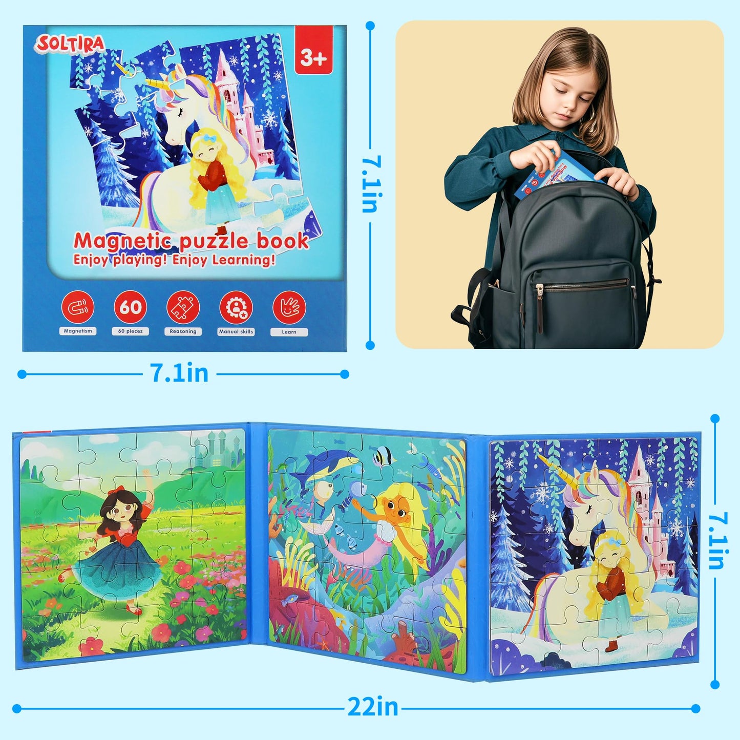 Magnetic Puzzles for Toddlers 3-5 60PCS 3 Unicorn Mermaid Princess Themes Puzzle Magnetic Puzzles for Girls 4-6 Travel Puzzles or Airplane/Car/Road Trip Gift Toys for Girls 4-8 Years Old
