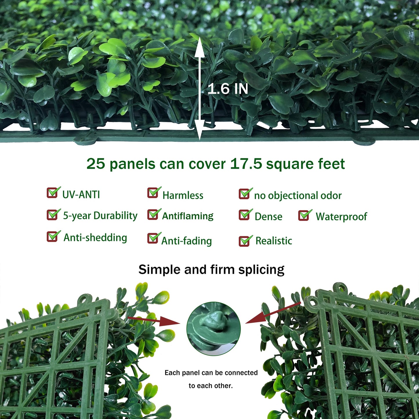 ODTORY Artificial Grass Wall Panel Backdrop,10 X 10 in 25P(17.5 sqft) UV-Anti Greenery Boxwood Panels for Indoor Outdoor Green Wall Decor & Ivy Fence Covering Privacy