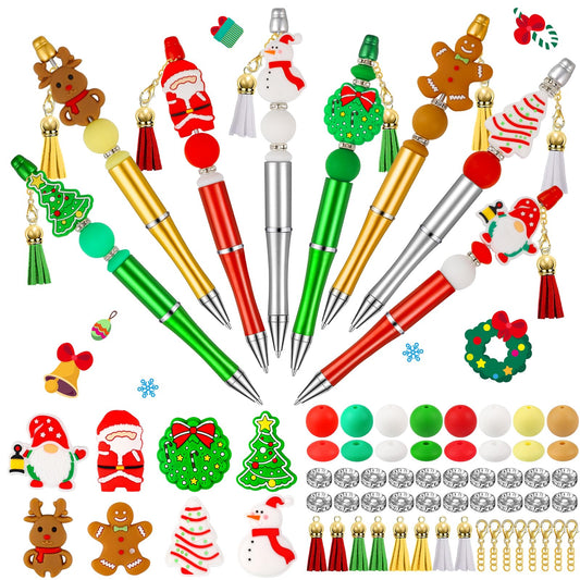 CZWZ 8 Pcs Christmas Beadable Pens, Plastic Beadable Pens with Multicolor Silicone Beads, Christmas Snowman Pine Tree Floral Hoop Deer Pens for Christmas Office School Supplies