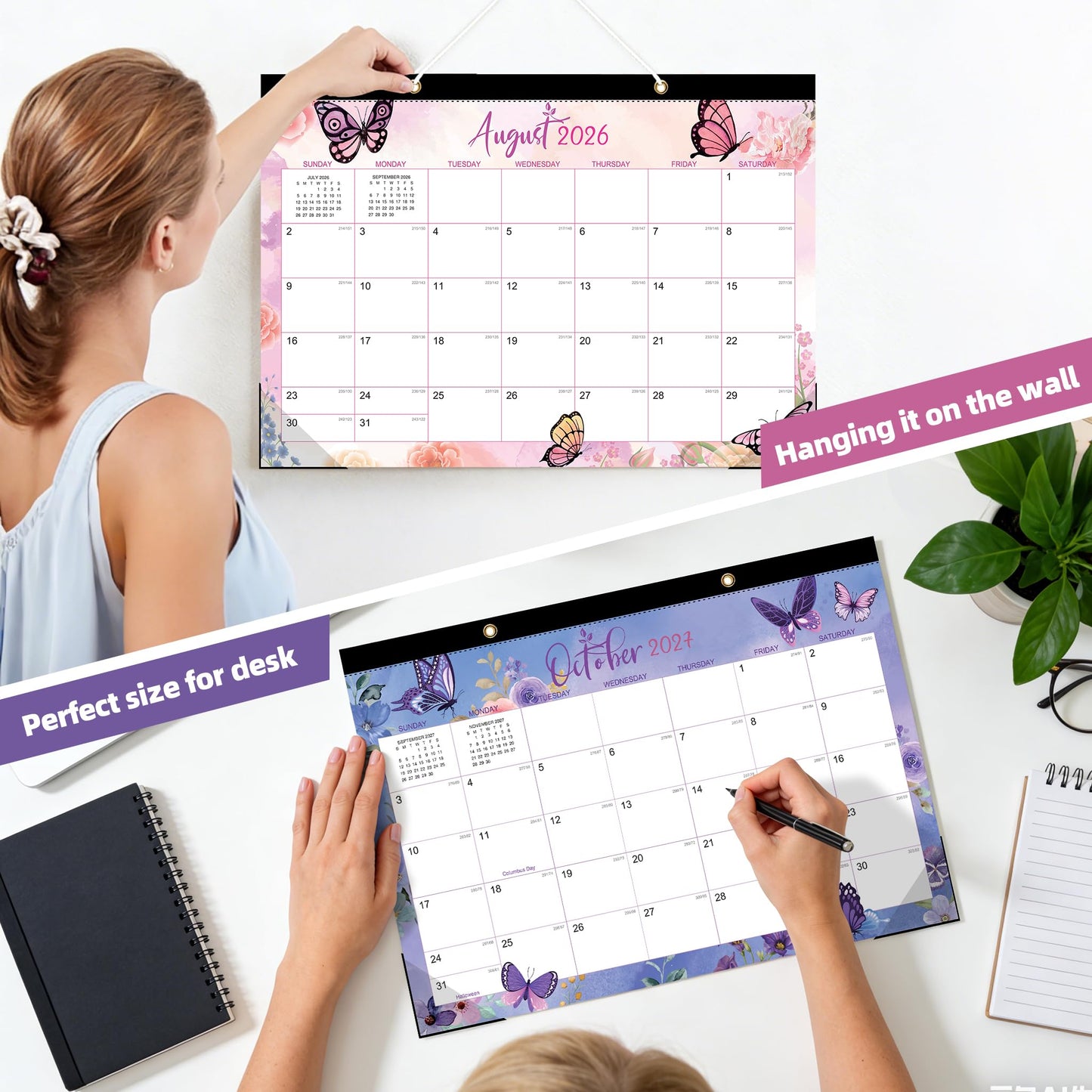 ZTX Desk Calendar 2026-2027,18 Month Academic Desk Calendars,17"x12" Jul.2026-Dec.2027 Calendar with Clear Plastic Cover for Teacher School Year Home Butterfly