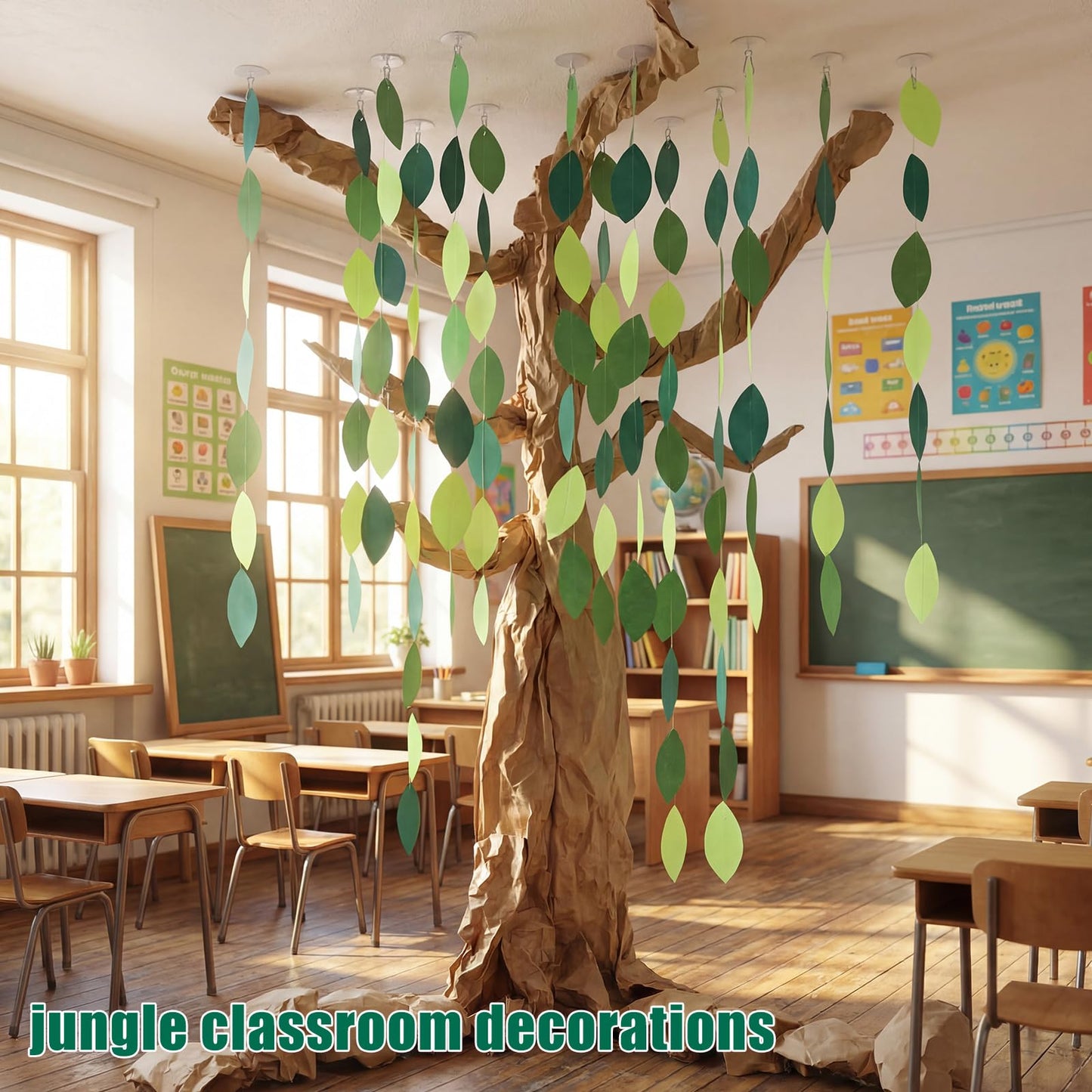 Suncalla Classroom Tree Bulletin Board Set DIY 3D Classroom Ceiling Wall Decor with Kraft Paper & Mounted Traceless Hooks for Jungle Safari Hawaiian Luau Party Supplies(Willow)