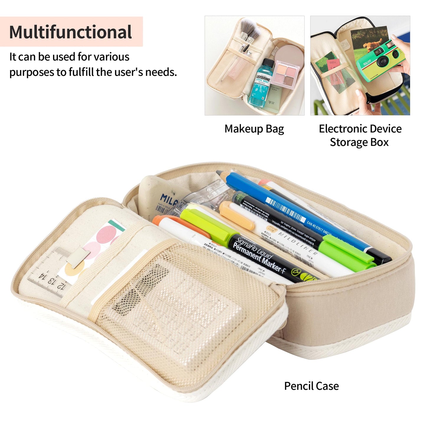 brunch brother Poodle Beige Pencil Case with Ample Storage Embroidery Design Pencil Pouch for Students, Simple Design Stationery Organizer