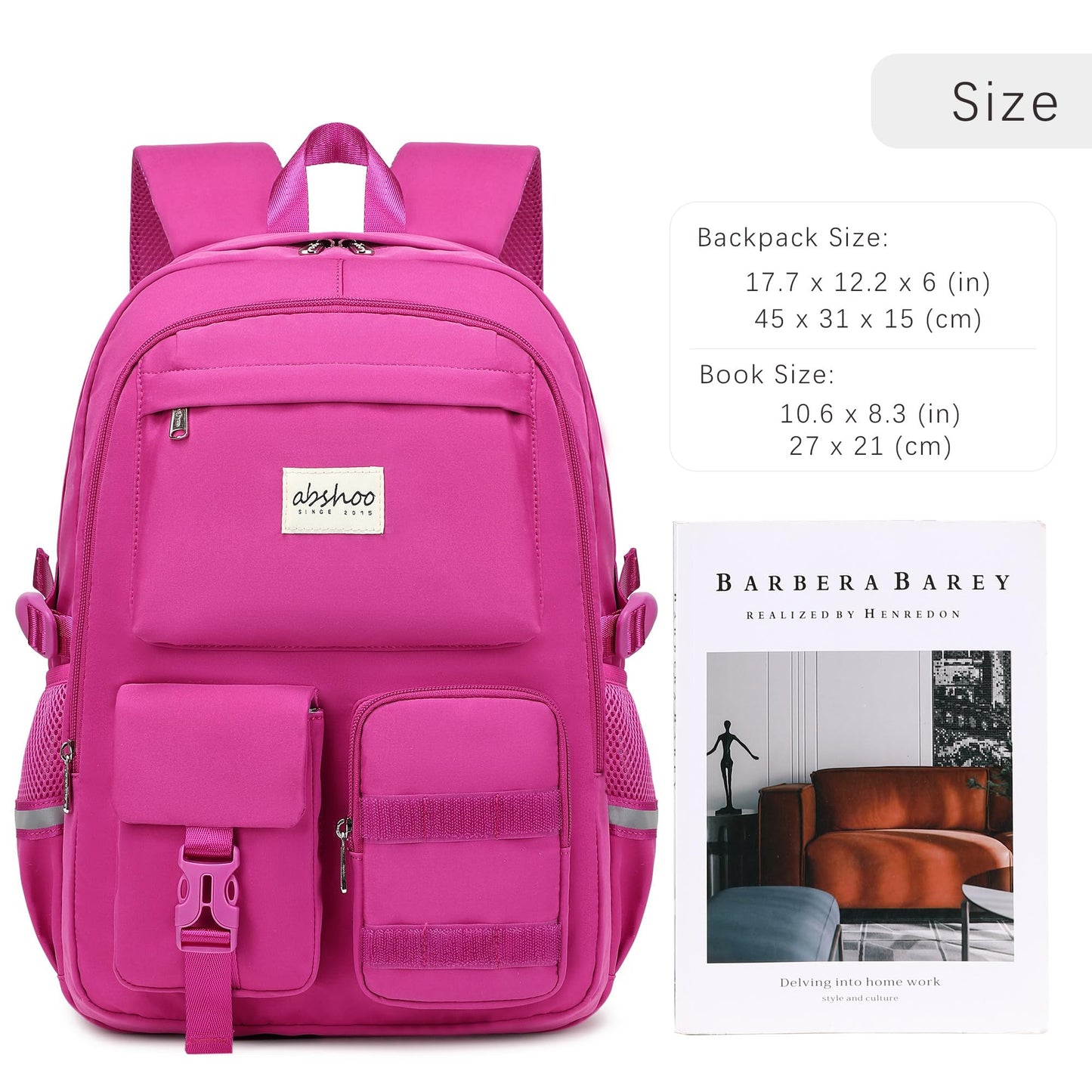 abshoo School Backpack for Girls Bookbag with Lunch Bag Teen Girls School Bag Travel Daypack (Hot Pink)
