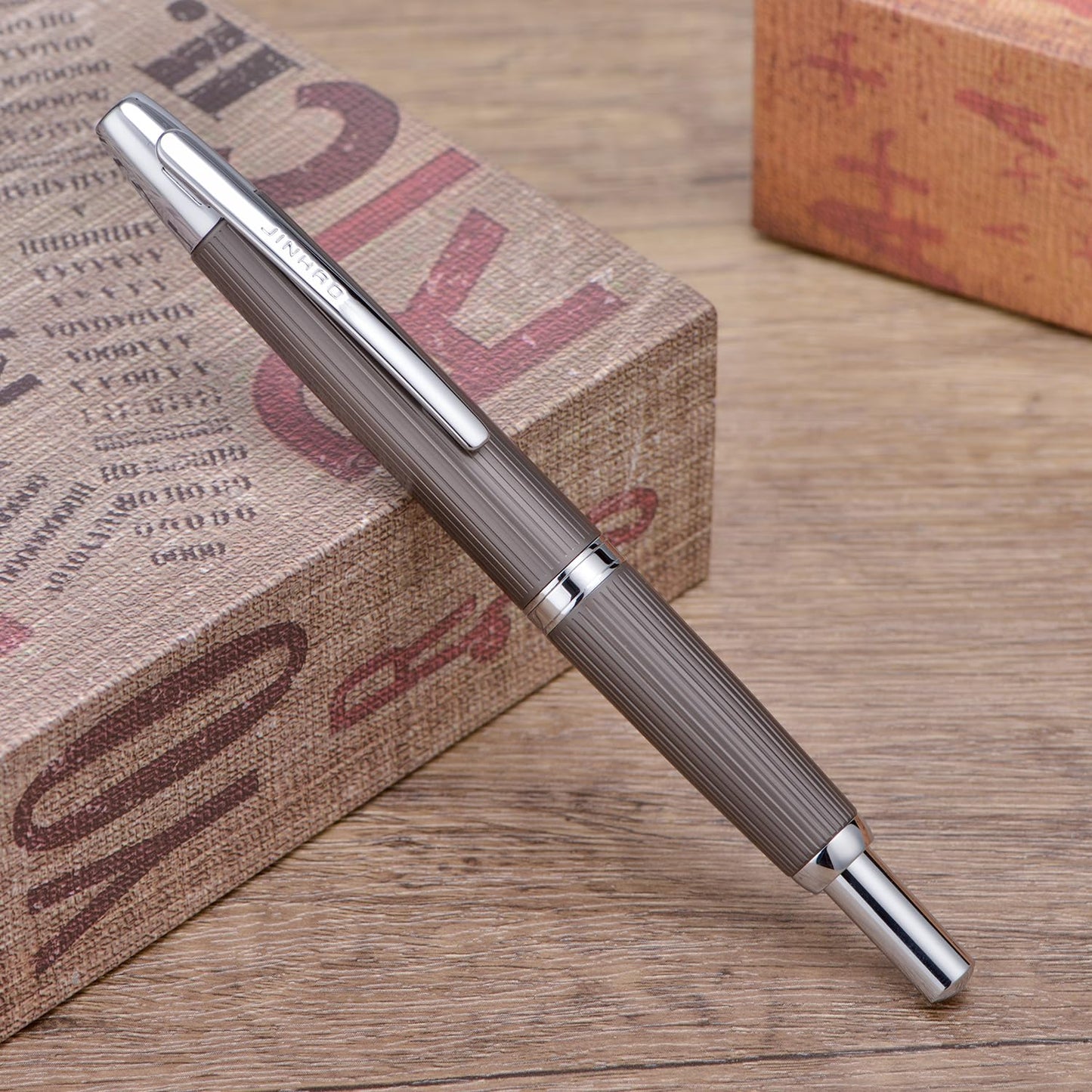 Jinhao 10 Press Fountain Pen with Box, Brushed Matt Gray Retractable Extra Fine Nib with Ink Converter Set (Silver Clip)