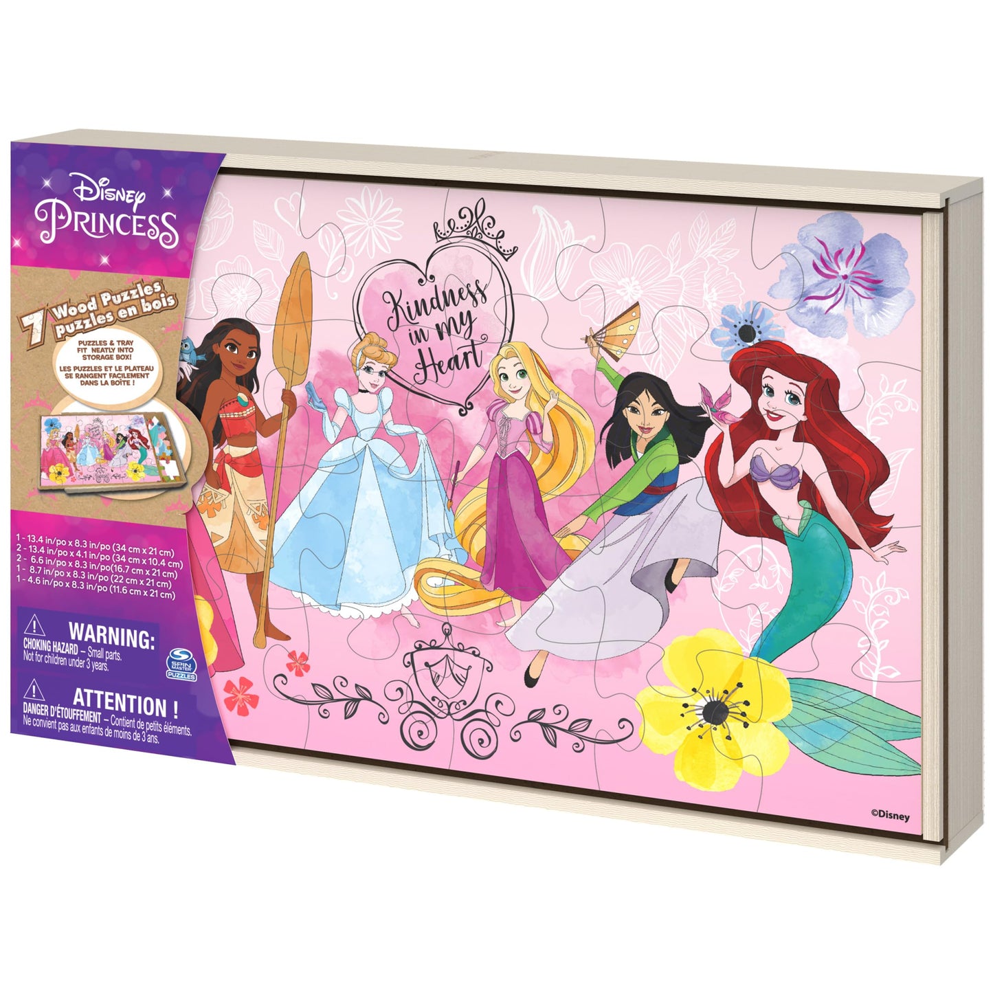 Spin Master Games, Disney Princess Puzzles, 7-Pack, Jigsaw Kids Puzzles, 12, 16, & 24 Pieces, Featuring Ariel, Tiana, Rapunzel, Pocahontas, Storage Tray, for Ages 4 & Up