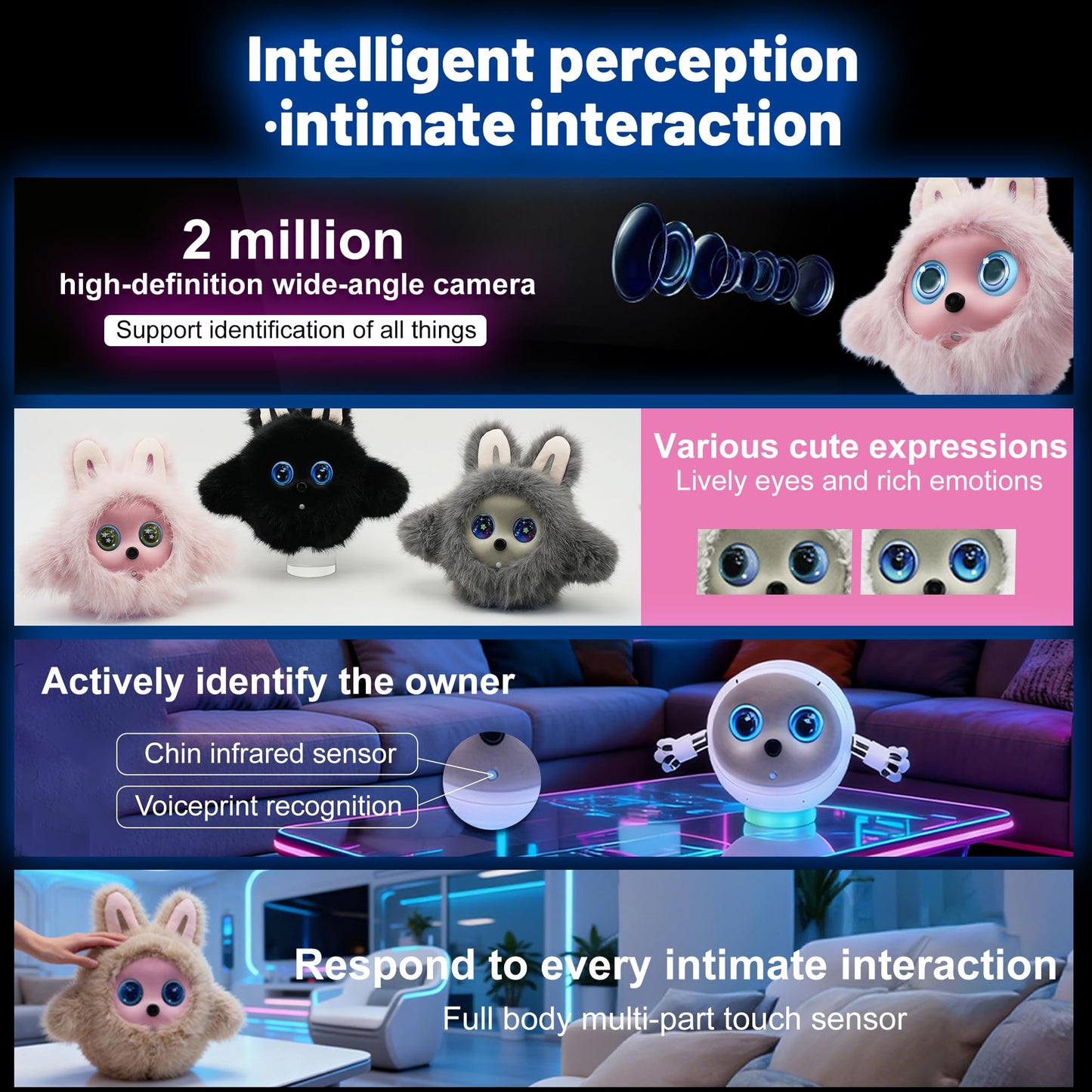 Funio AI Smart Robotic Pet, Cute Emotional Companion Robot with Multimodal Interaction, Replaceable Fluffy Cover, Voice Conversation, Touch Sensing, LCD Screen, Suitable for Home & Office