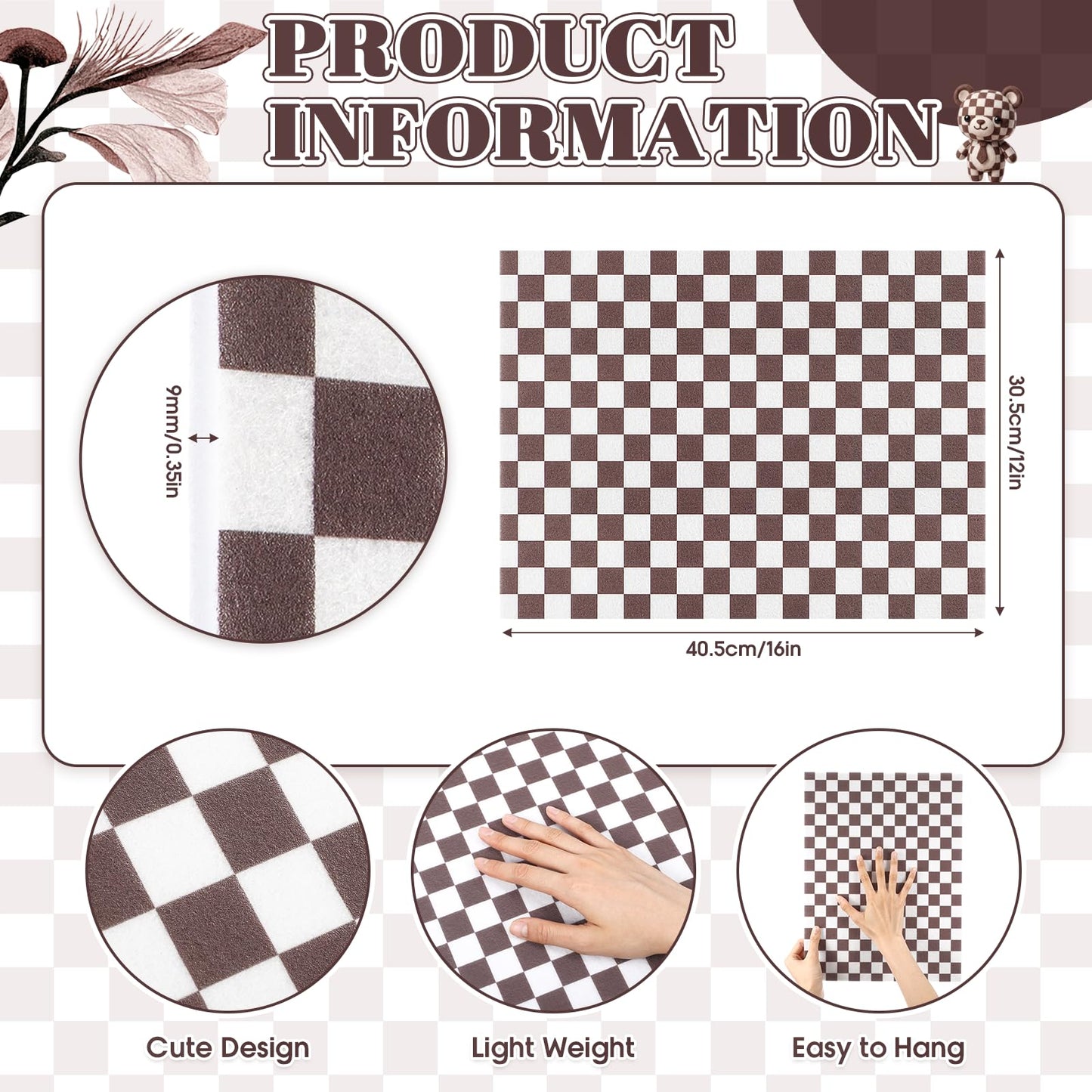 Chicplaid Gingham Cork Bulletin Board 16'' x 12'' Decorative Felt Pin Cork Board Alternative for Wall Checkboard Office School Home Vision Decoration(Brown)