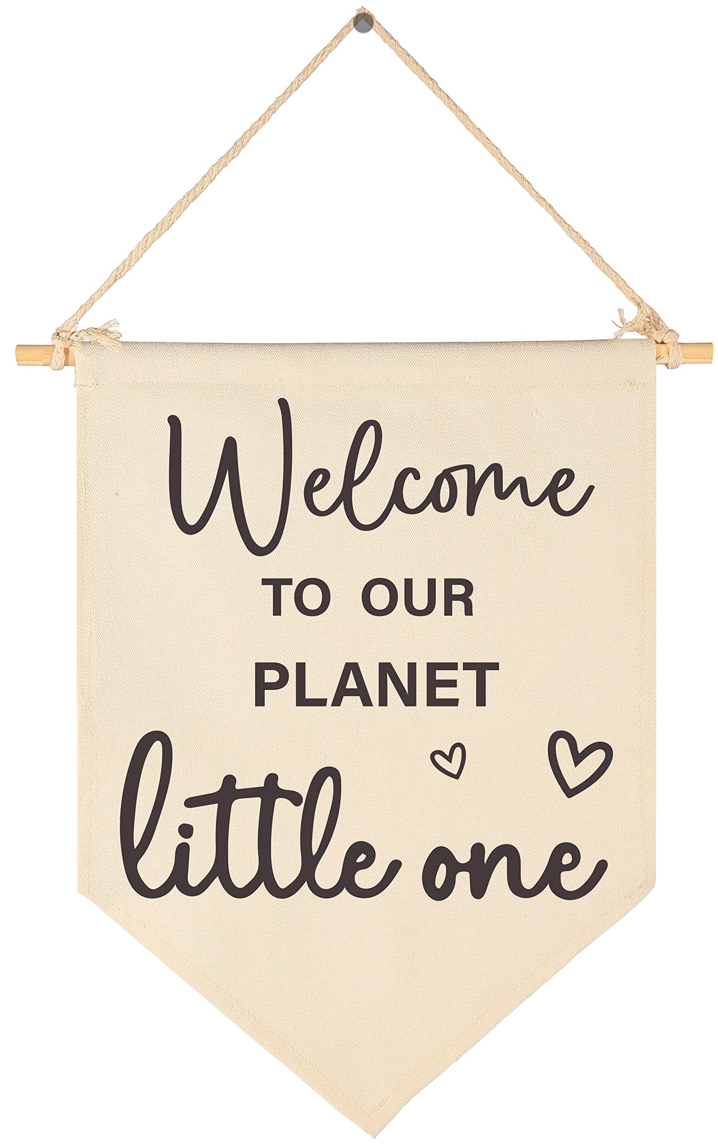 Baby Arrival Gift-Welcome to Our Planet Hello World- Canvas Hanging Pennant Flag Banner Wall Sign Decor Gifts for Nursery Baby Kids Girl Boy Teen Bedroom Playroom Decor- Birthday Christmas Presents
