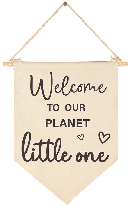 Baby Arrival Gift-Welcome to Our Planet Hello World- Canvas Hanging Pennant Flag Banner Wall Sign Decor Gifts for Nursery Baby Kids Girl Boy Teen Bedroom Playroom Decor- Birthday Christmas Presents