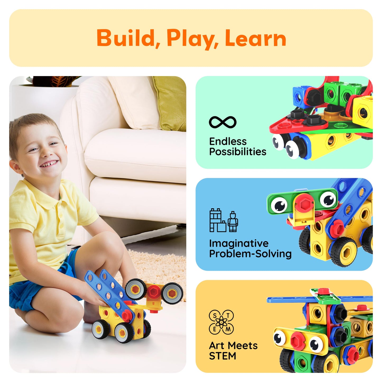 PicassoTiles 201pc STEM Learning Block Construction Kit with Power Drill and Clickable Ratchet Educational Engineering Toy Set Kids Age 3 Plus Preschool Activity Creative Play with Idea Book PTN201