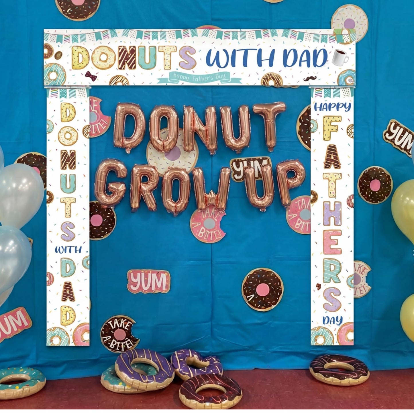 Fanfanwin 3 Pcs Happy Father's Day Banner Donuts with Dad Decorations Donuts Sprinkles Father Day Decor I Love Best Dad Ever Background Thank You Appreciation Party Supplies for Door Yard Decor