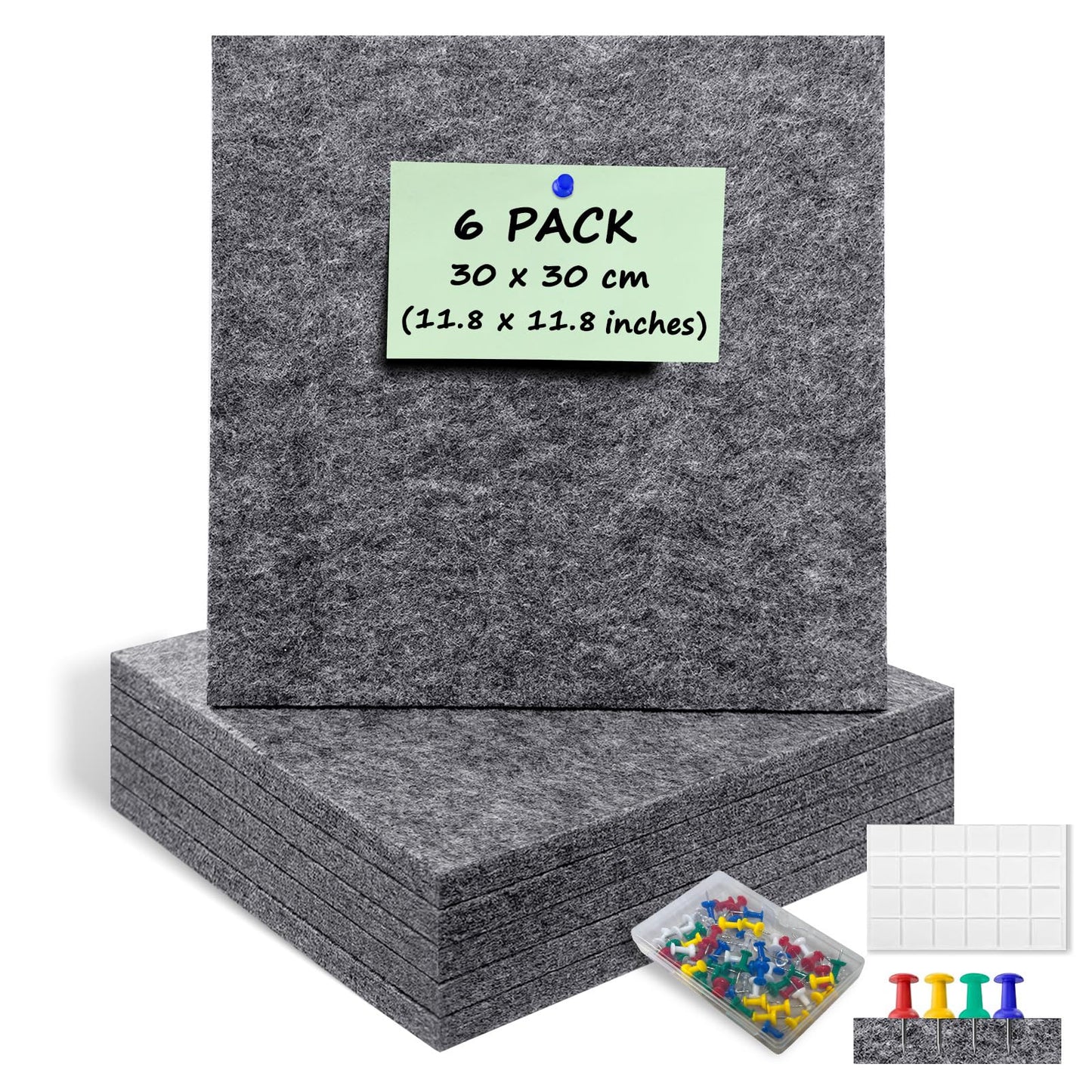 ANLIOTE 6 Pack Felt Bulletin Cork Board Tiles for Wall, 1/2" Thick Self Adhesive Pinboard Squares with 60 Pushpins, Felt Panels Wall Organizer for Photos, Pictures, Memos (11.8"x11.8"- Dark Grey)