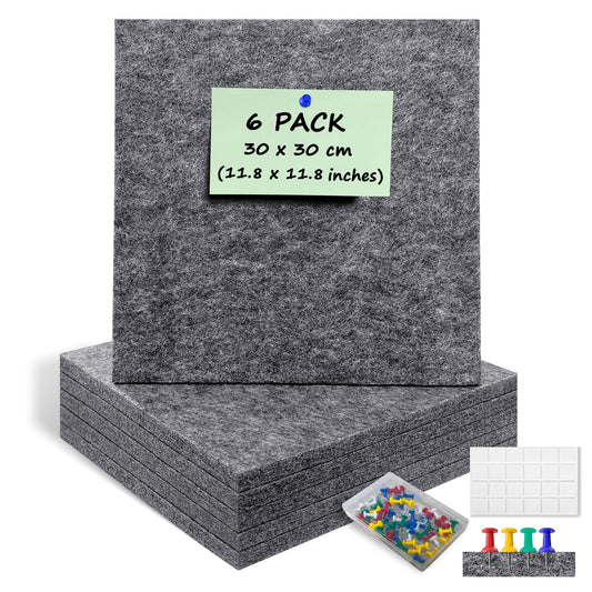 ANLIOTE 6 Pack Felt Bulletin Cork Board Tiles for Wall, 1/2" Thick Self Adhesive Pinboard Squares with 60 Pushpins, Felt Panels Wall Organizer for Photos, Pictures, Memos (11.8"x11.8"- Dark Grey)