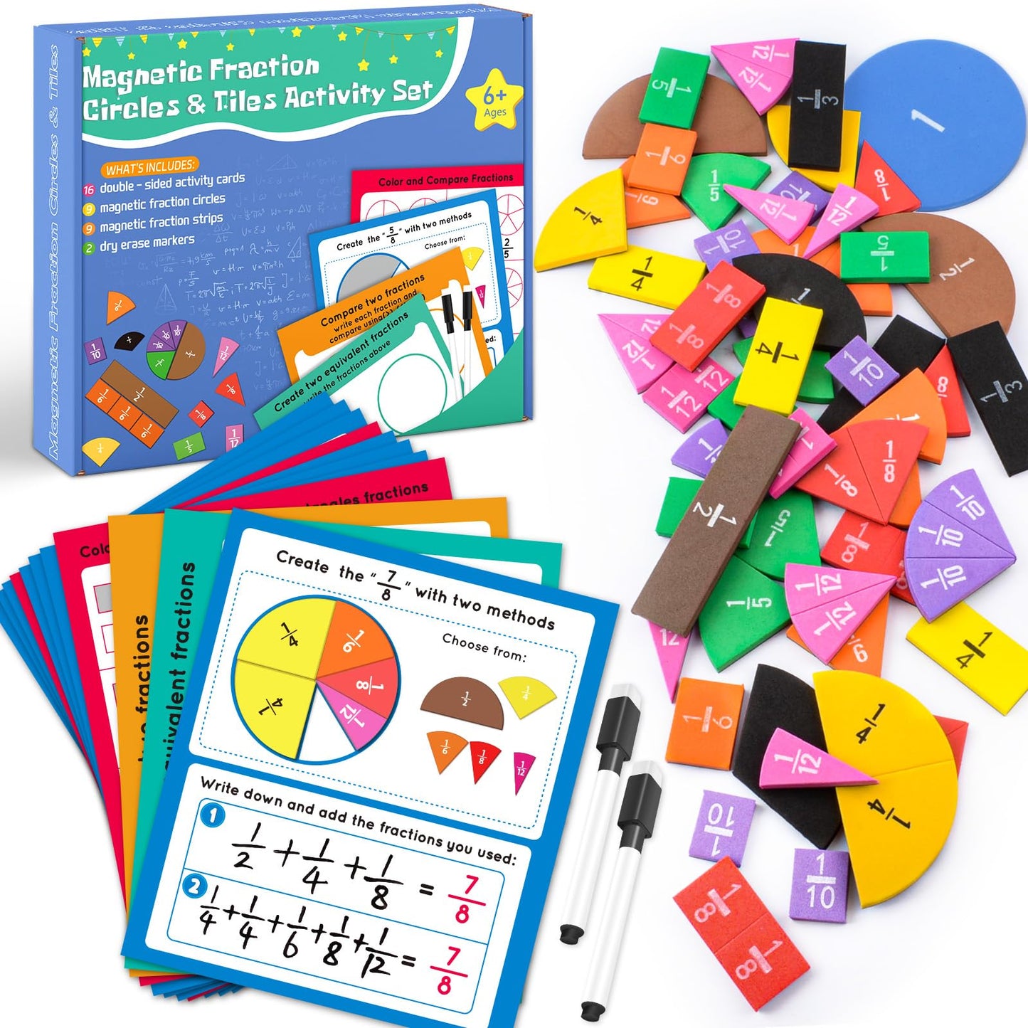 Magnetic Fraction Tiles & Circles Activity Set, Math Manipulatives 4th Grade 1-6, Fraction Manipulatives Elementary Classroom, Fractions Strips Math Games for Kids 6-12, Teaching Homeschool Supplies
