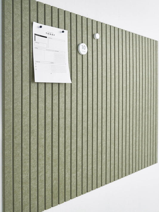 VIVELDA Felt Bulletin Board Tiles 48"x36" 12-Pack, Cork Board Alternative, OEKO-TEX Certified, NRC 0.95 Acoustic Wall Panels, Damage-Free Adhesive, Slatted Design, Home Office, Classroom (Khaki Green)