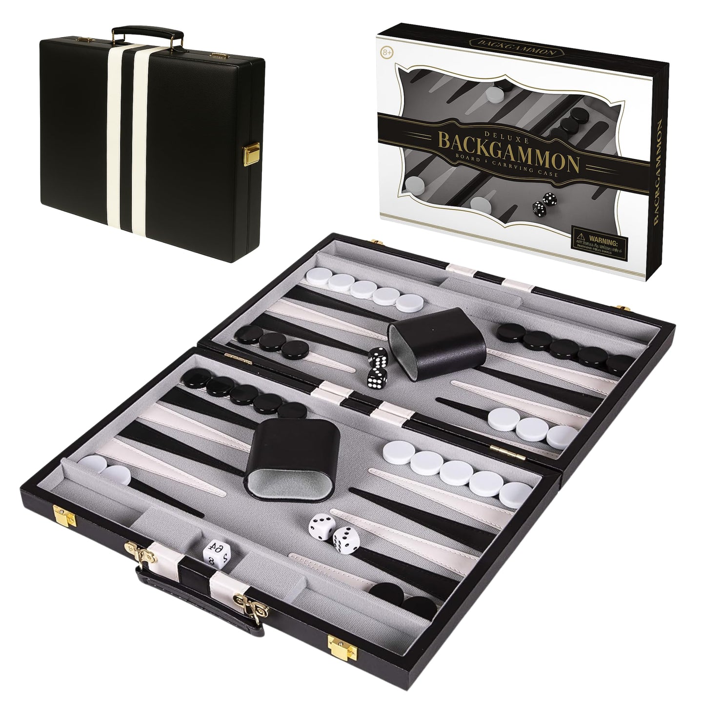 Crazy Games Premium 18 Inches Large Black - Backgammon Sets for Adults and Kids - Leatherette Back Gammon Board Game Set - Travel Backgammon Set Board Encased with Accessories