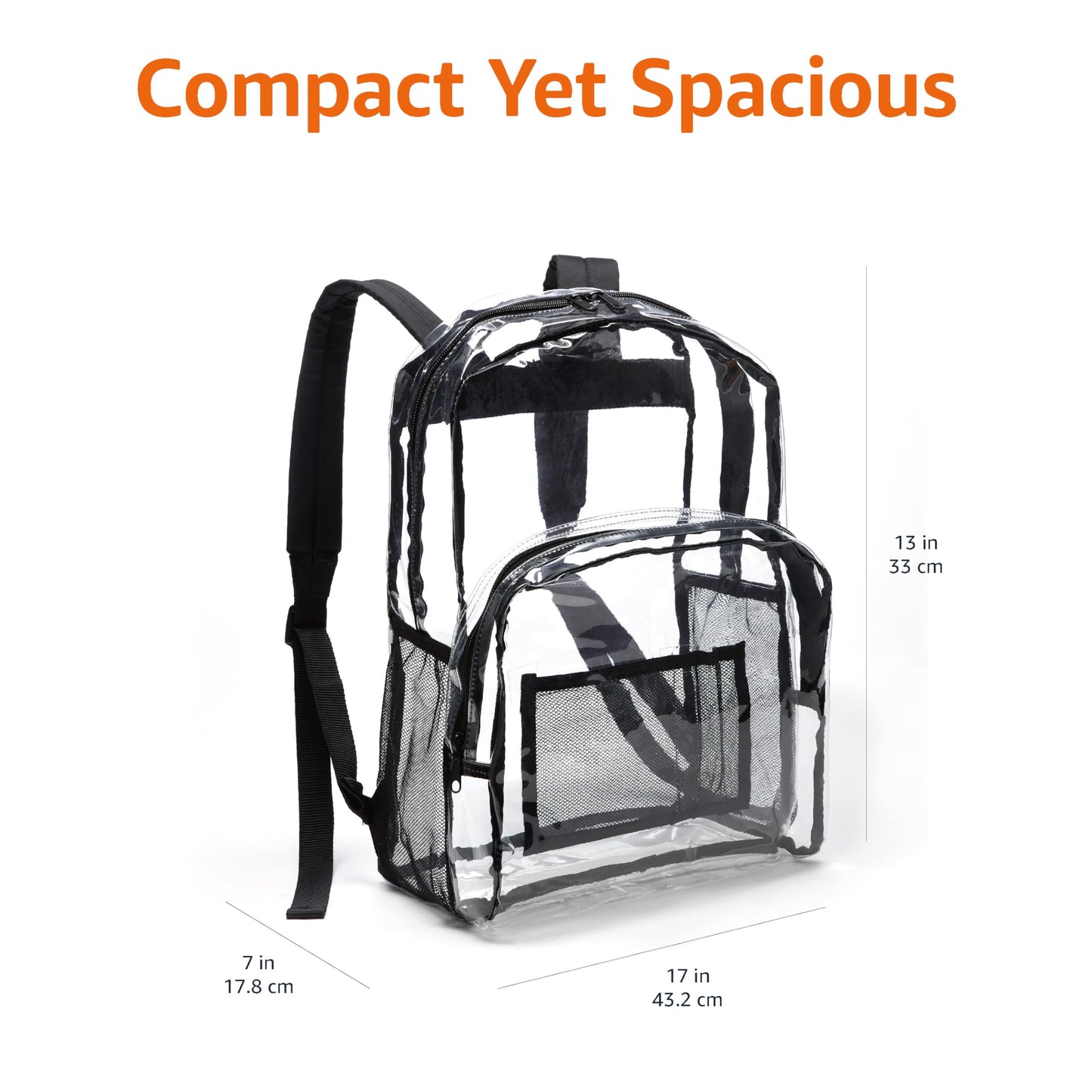 Amazon Basics Transparent Clear School Backpack, Water-Resistant PVC Plastic, Reinforced Shoulder Straps, 17 x 7 x 13 in