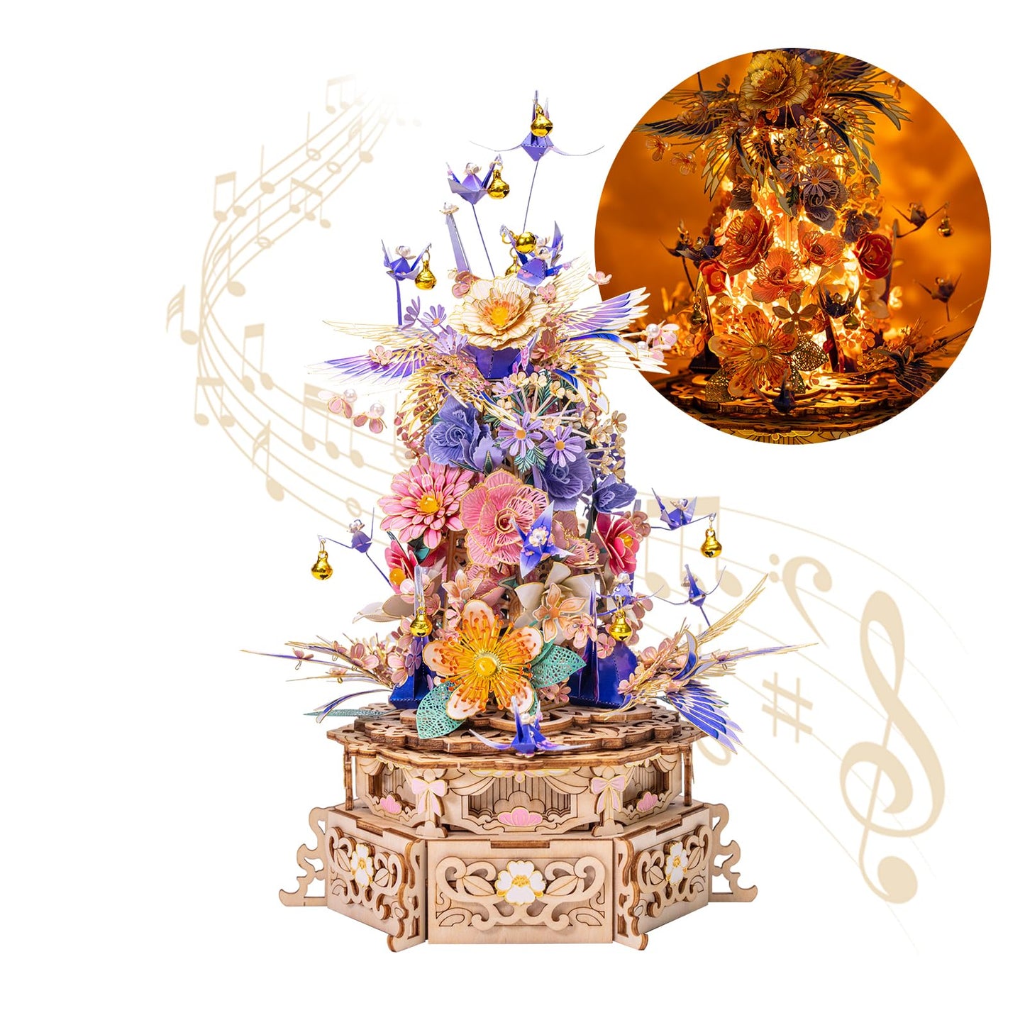 MU 3D Metal Puzzles for Adults Feast of Flower, 3D Wooden Puzzles Metal Model Kit Building Wood Flowers Kits DIY Craft Set with Music Box Lighting, Birthday Hobby Gift Home Desk Decor