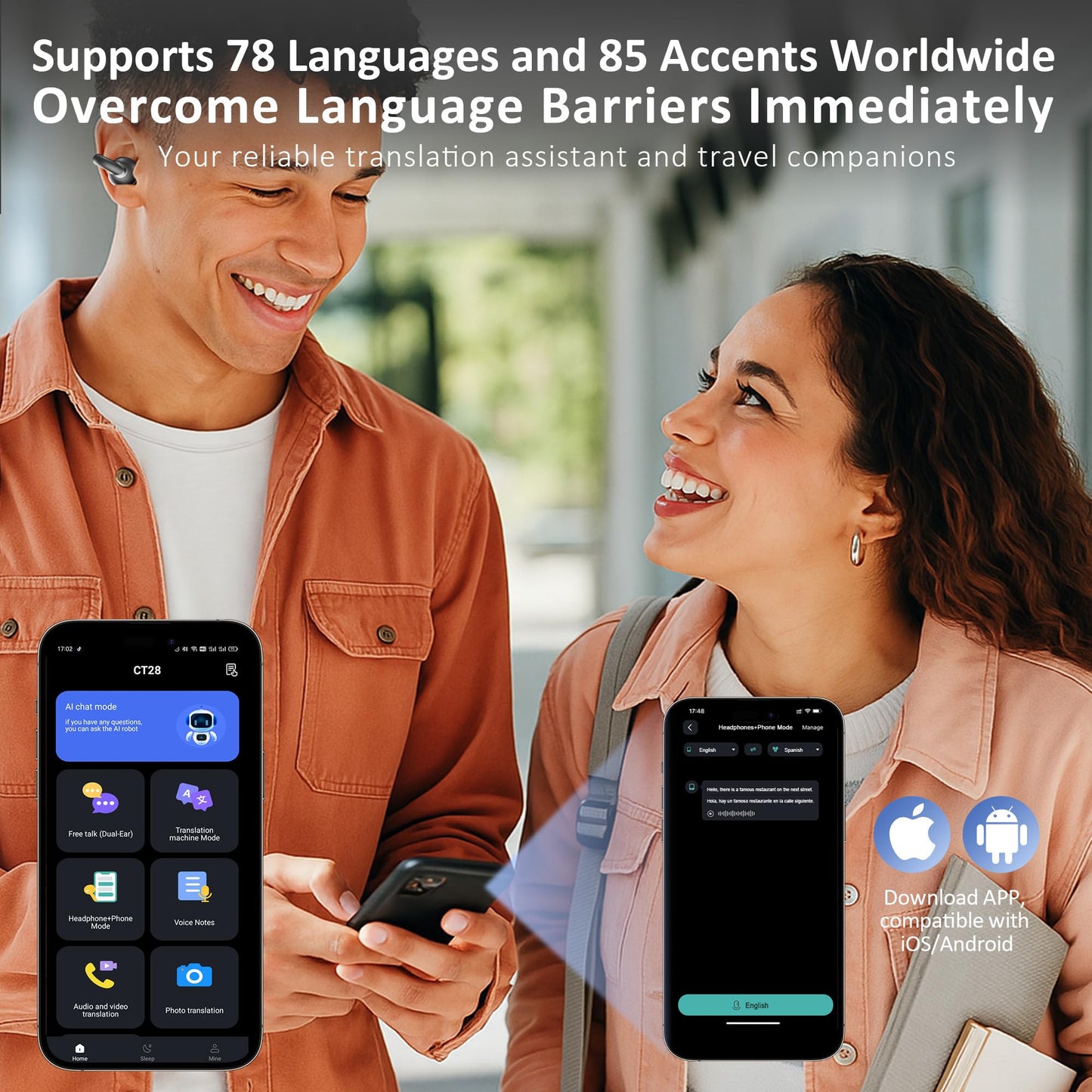 IAMJOY AI Language Translation Earbuds Real Time, Language Translator Earbuds Open Ear Clip-On Design, 163 Language & Accents Two-Way Translator Device with APP for Travel Learning Business, Black