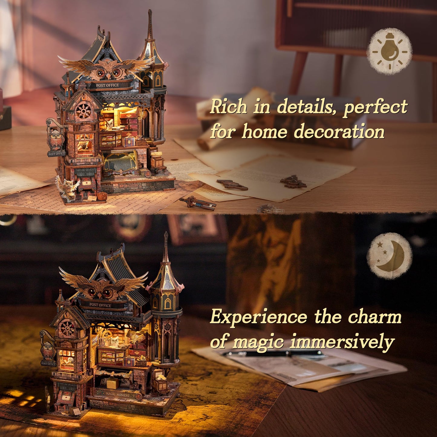 FUNPOLA LED 3D Wood Puzzle Owl Post Office, Dynamic Model with Mechanical Gears, DIY Miniature Kit with Music and LED Lights, Home Décor Gift for Adults and Teens