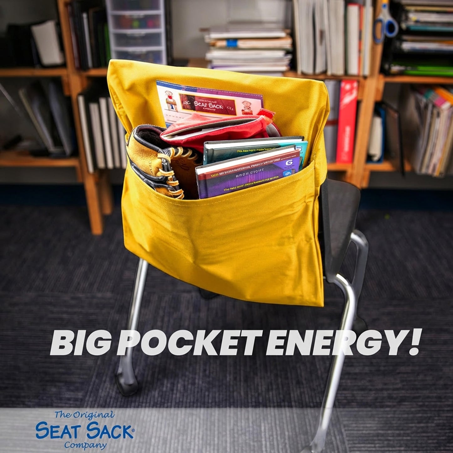 Seat Sack Student Chair Storage Pocket - 12", Classroom Chair Organizer for Student Desks, Durable Over-the-Chair Storage, Yellow, 1-Pack