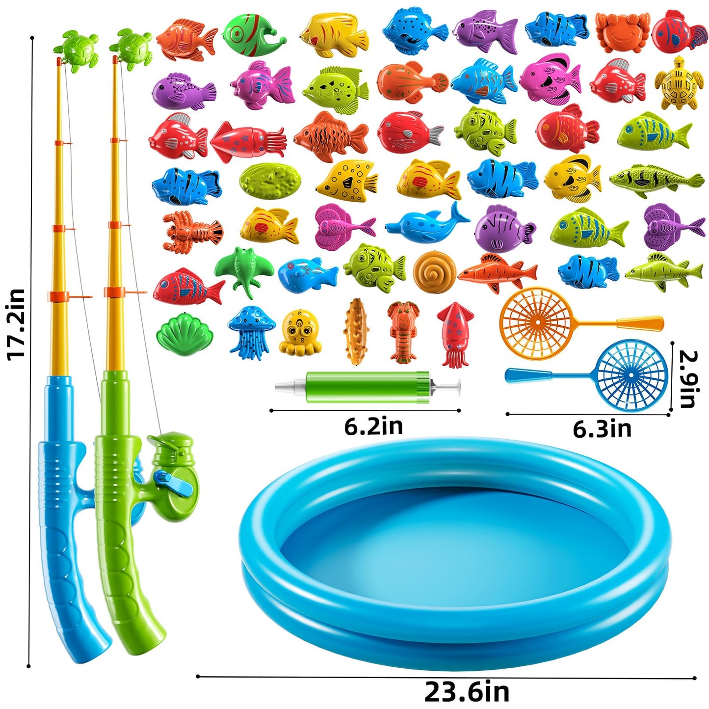 PEADUCK Magnetic Fishing Game Pool Toys for Toddlers 3-5, Water Table Bathtub Toys with Inflatable Pool Pole Rod Net Plastic Floating Fish, Outdoor Toys for Kids Boys Girls Age 3 4 5 6 7 8 Year Old
