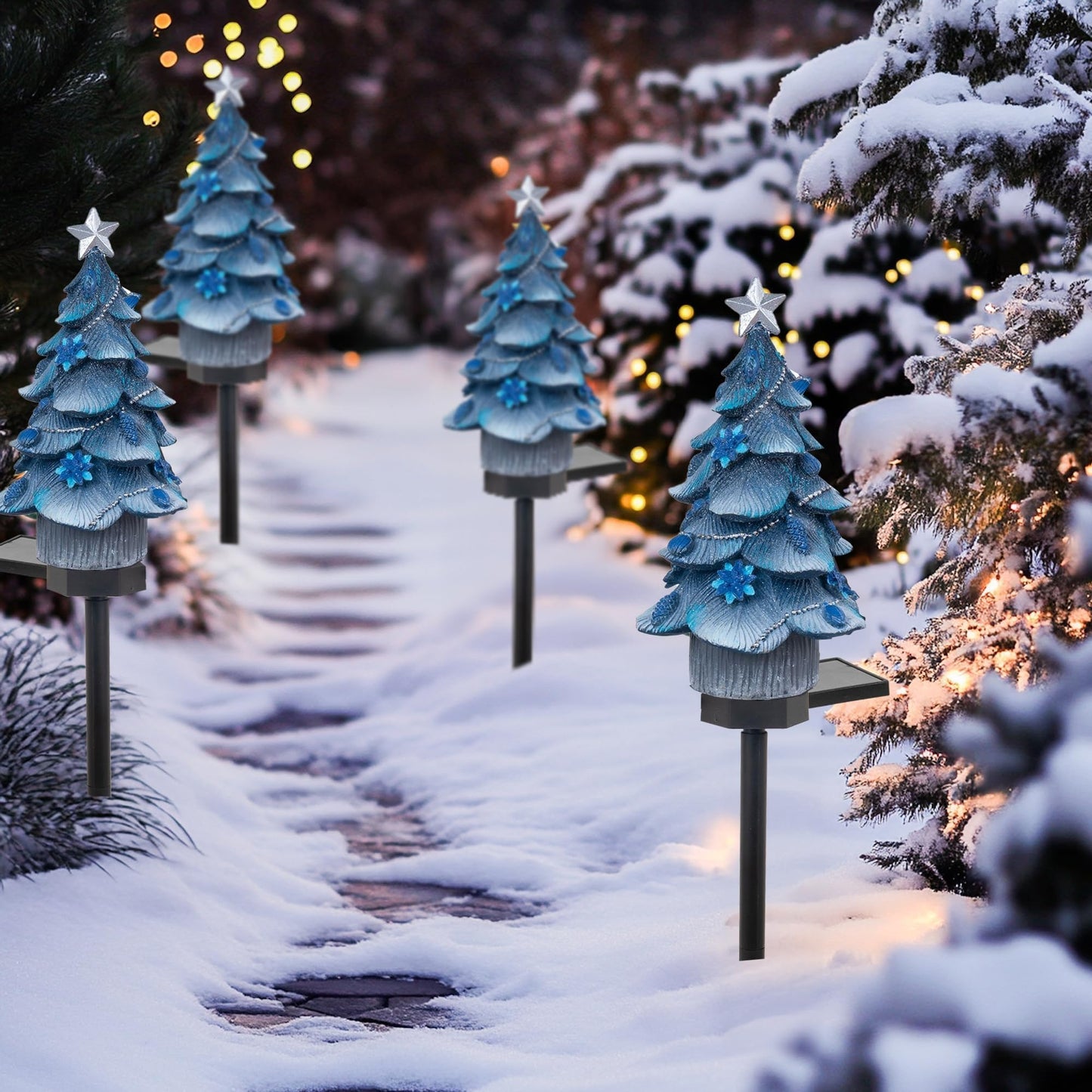 Dazzle Bright Solar Powered Fairy Garden Lights, Resin Xmas Tree Pathway Stakes, Blue, 2 Pack