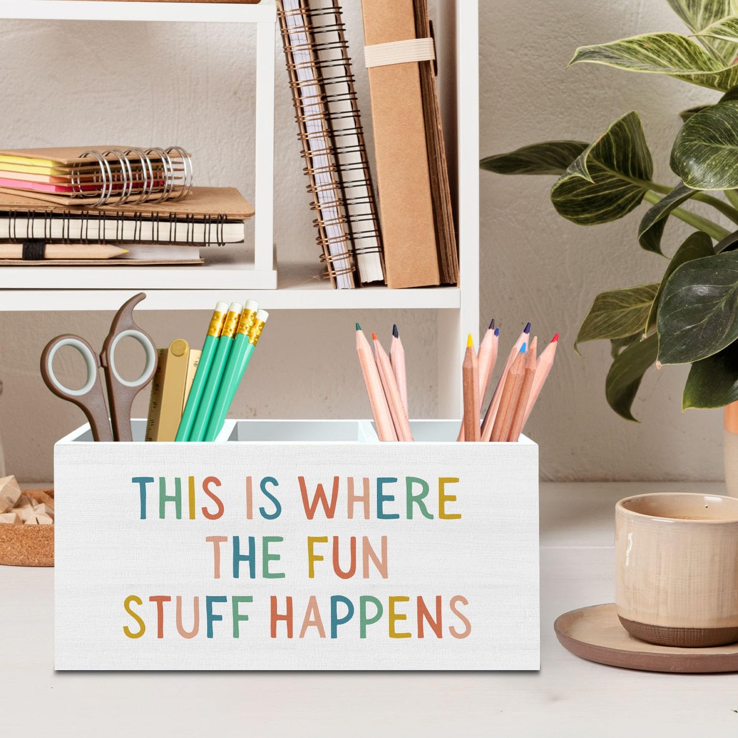 DILSJ Boho Classroom Pen Pencil Holder Organizer for Desk, Boho Classroom Decor, This Is Where the Fun Stuff Happens Wooden Box Signs for Kids Room Bedroom Playroom Desk Office & School Supplies