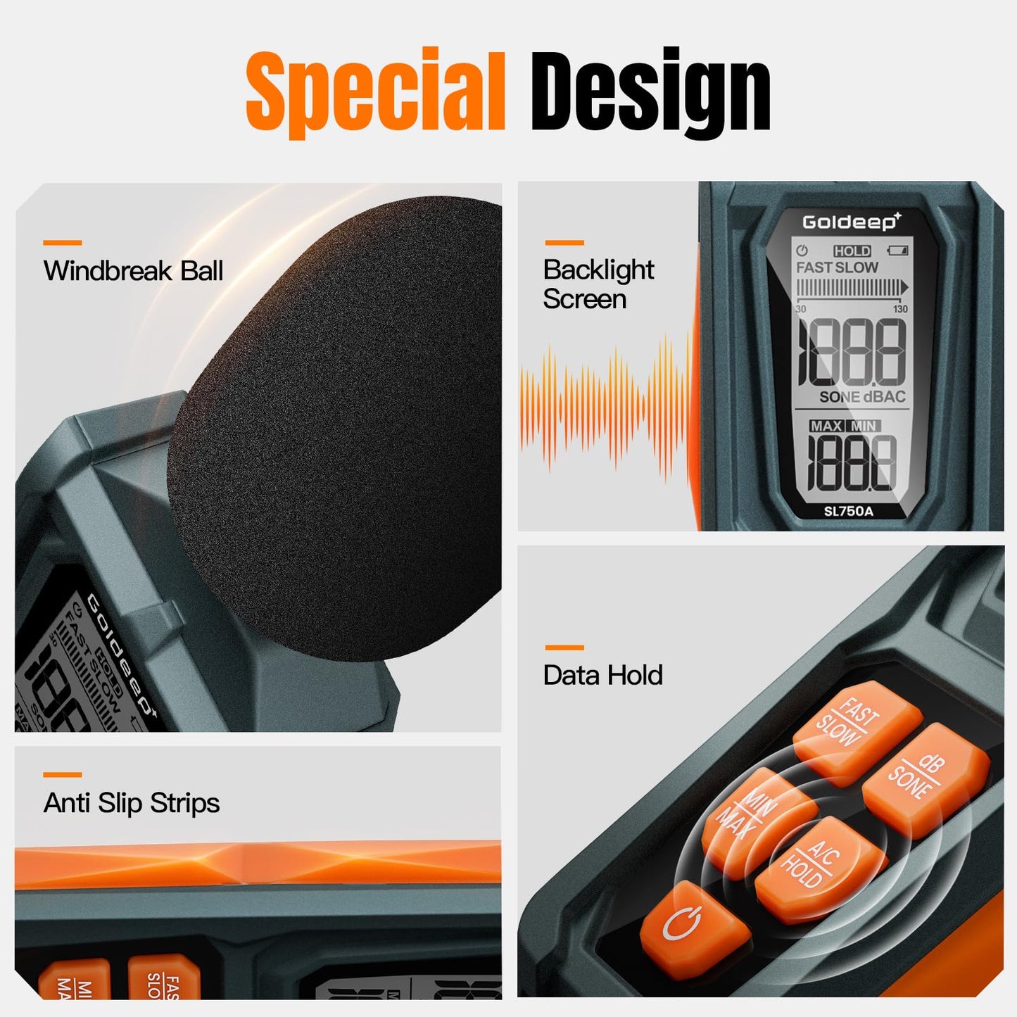 Decibel Meter, Goldeep SL750A Digital Sound Level Meter 30-130dB, A/C Weighted DB Meter with dB/SONE, Fast/Slow, MAX/MIN, LCD Sound Meter for Home, Office, Factory, Neighbor Noise - Vitality Orange