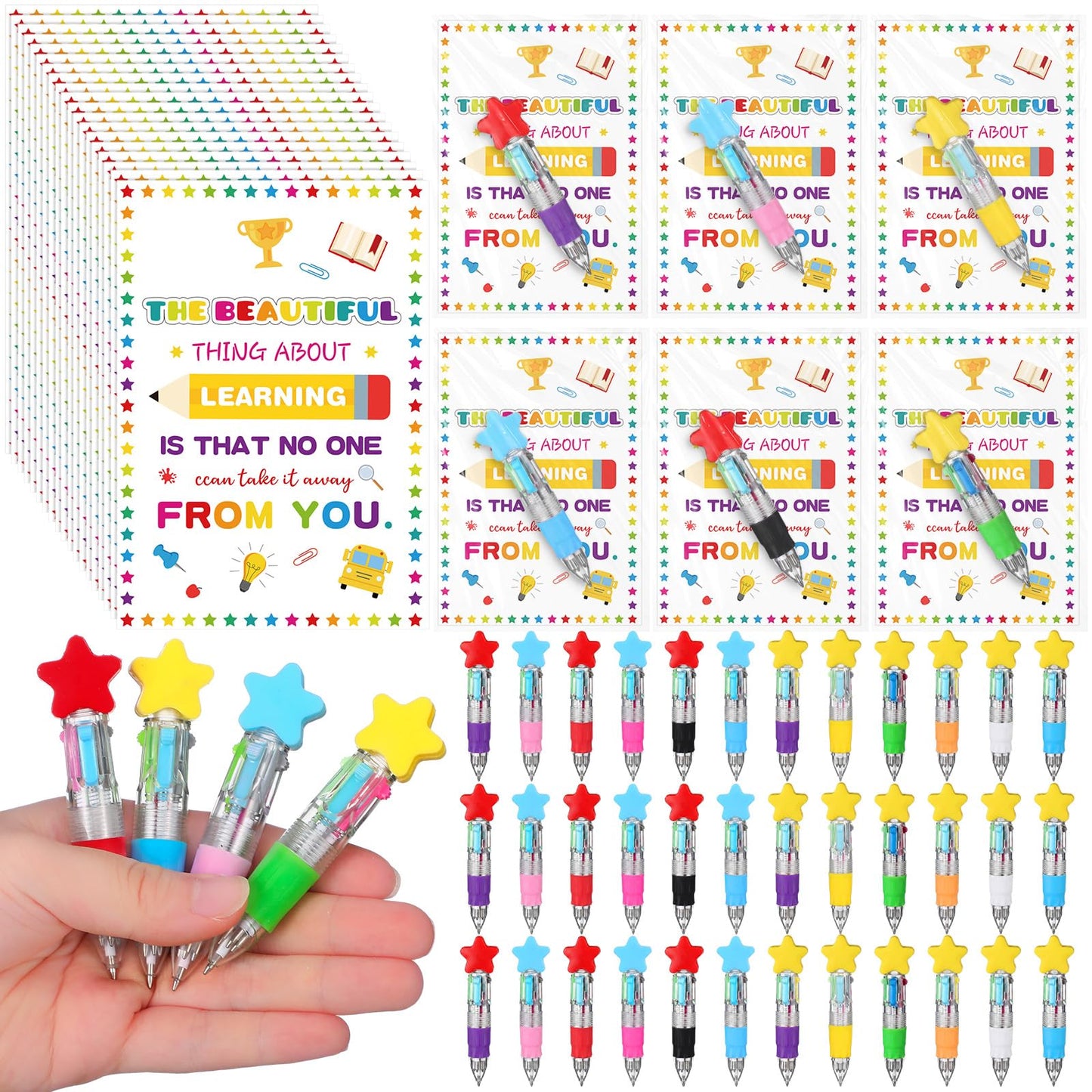 Resurhang 36 Set Back to School Gifts for Student Star 4-in-1 Ballpoint Pen with Motivational Card Clear Gift Bag Star Ballpoint Bulk for First Day of School Party Favor Teacher Rewards Event
