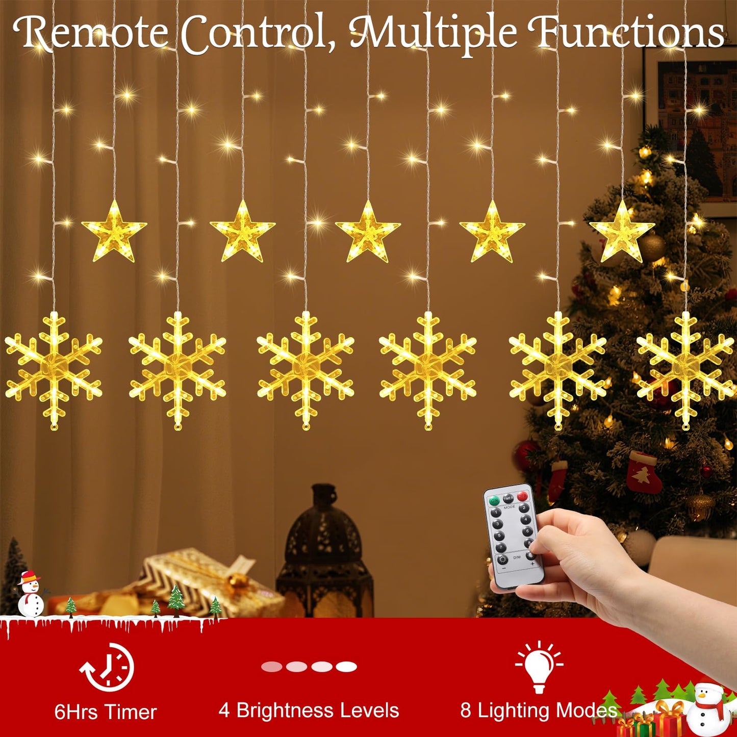 Lewondr 138 LED Christmas String Curtain Lights, USB & Remote Control, 8 Modes, Warm Light, Model HD250052