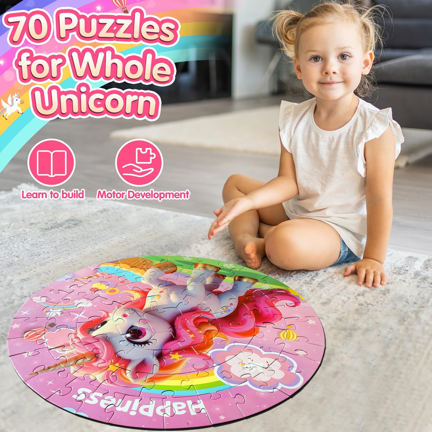 ZIZZ Unicorn Toy for Girls Kids - Best 70 Pieces Unicorn Floor Puzzle for Kids Age 3 4 5 6 7 8 Years Old Girls Learning & Educational Toys Toddlers Gifts for Birthday Easter Basket Stuffers Activity