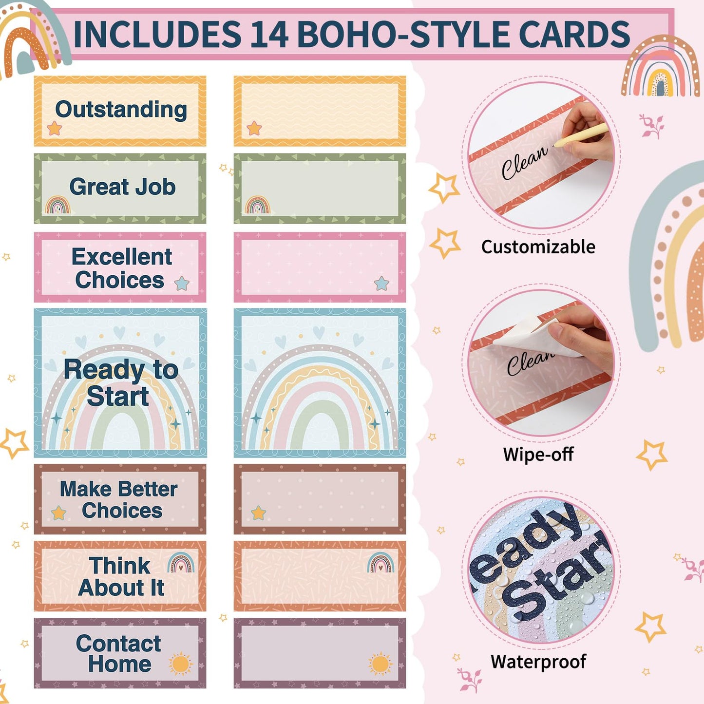 Pasimy 59 Pcs Student Behavior Clip Chart for Classroom Management Kids Track Reward Incentive Behavior Pocket Chart Boho Bulletin Board Teacher Supplies for School Office (Modern Boho)